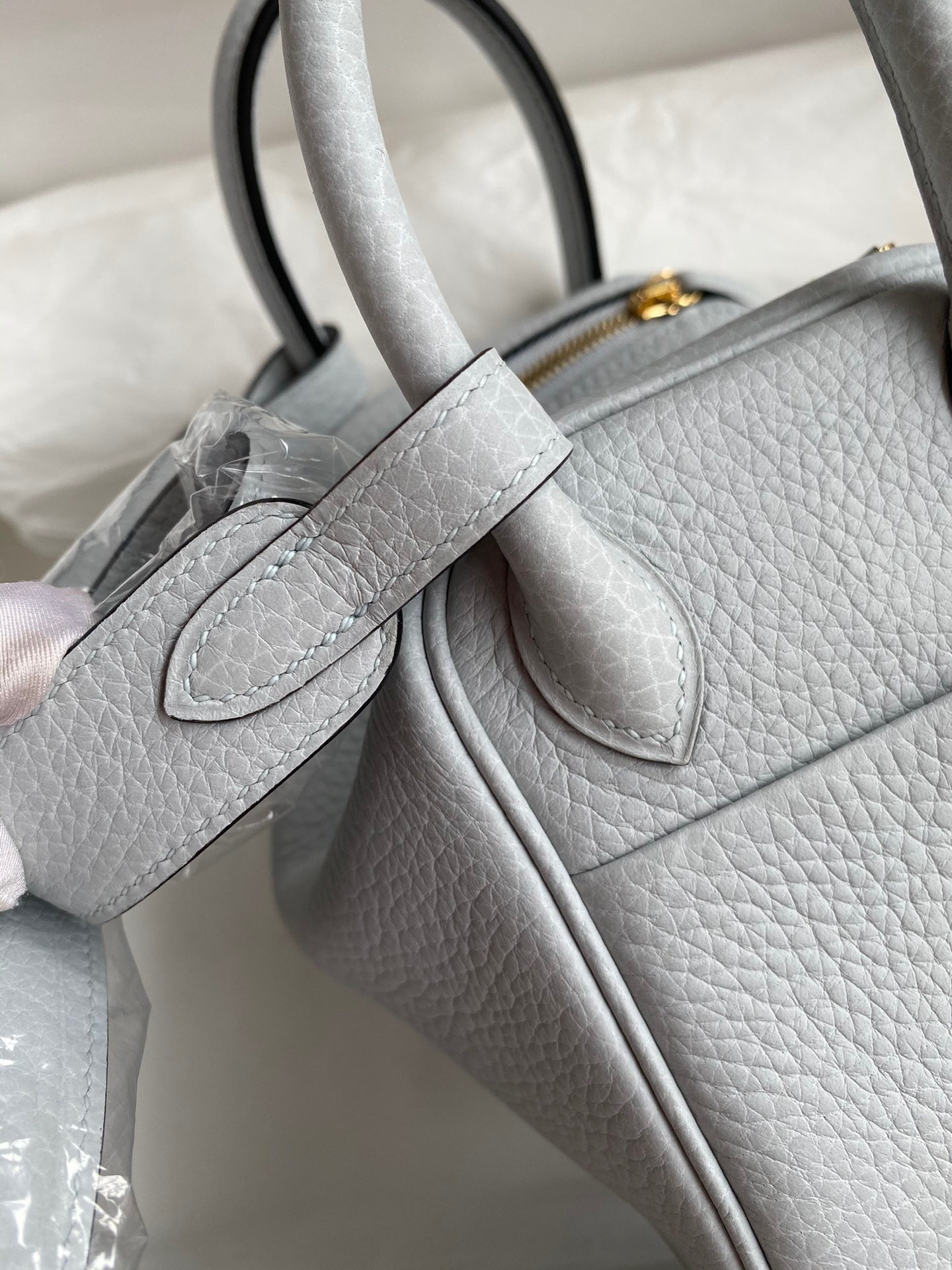 H**mes mini lindy handmade bag in blue brume clemence leather