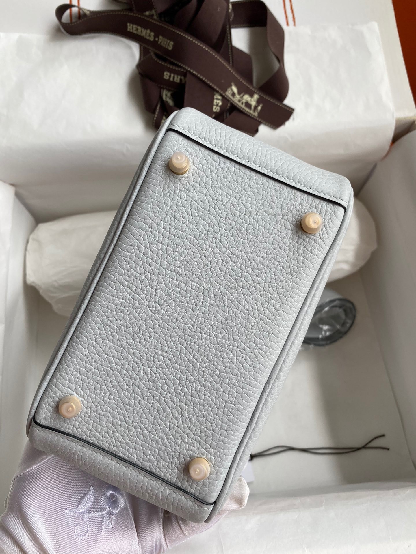 H**mes mini lindy handmade bag in blue brume clemence leather