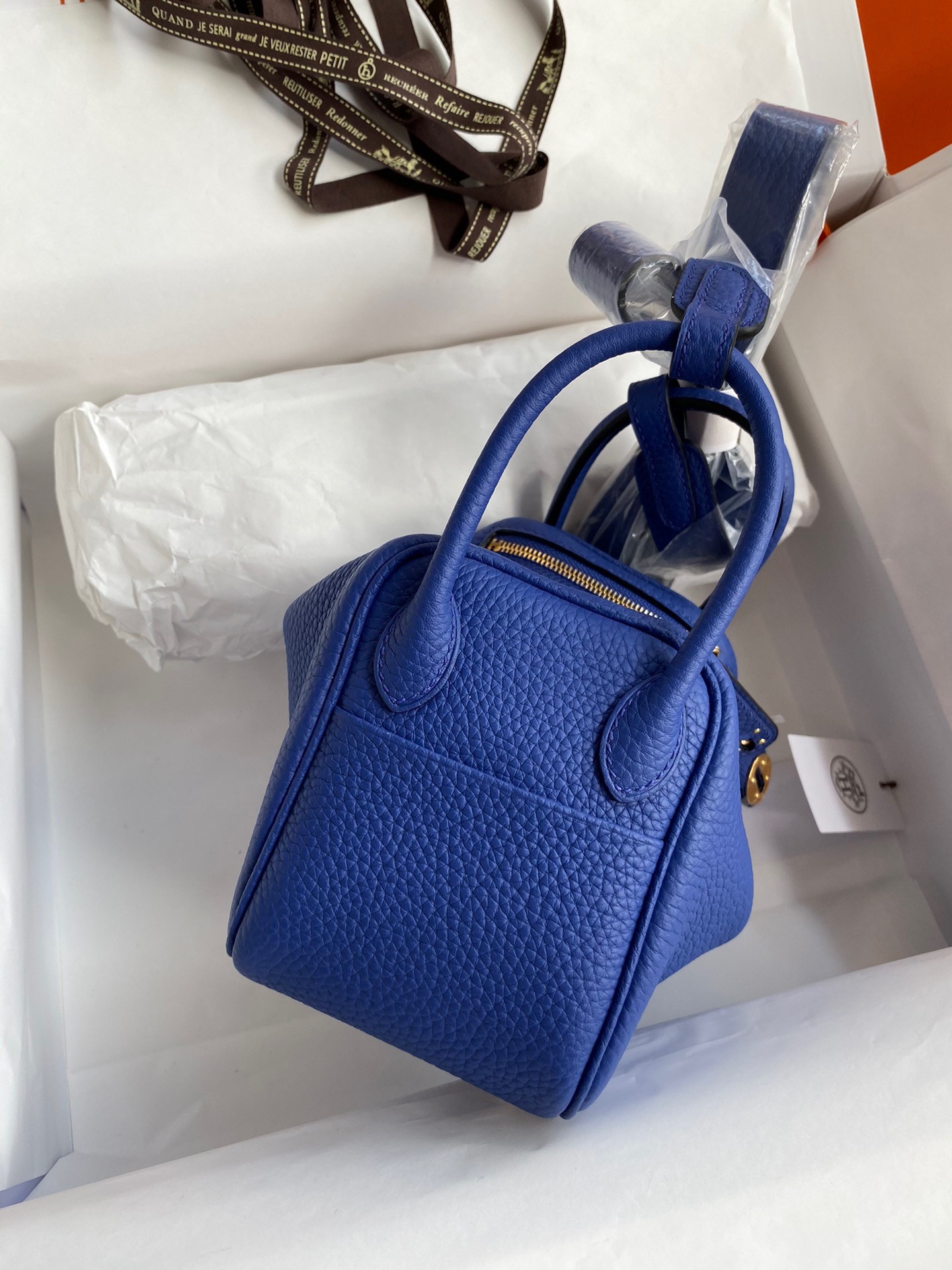 H**mes mini lindy handmade bag in blue electric clemence leather