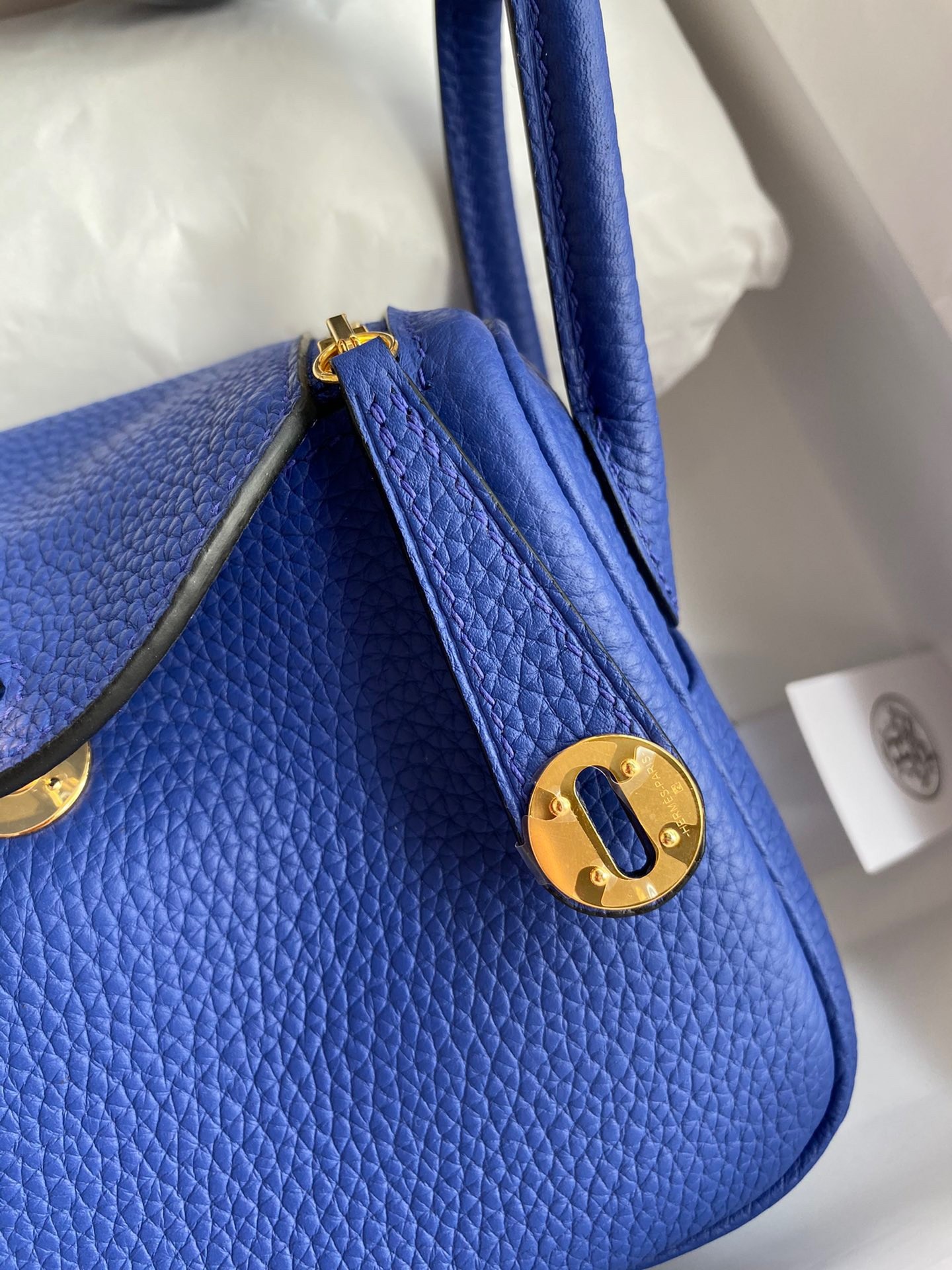 H**mes mini lindy handmade bag in blue electric clemence leather