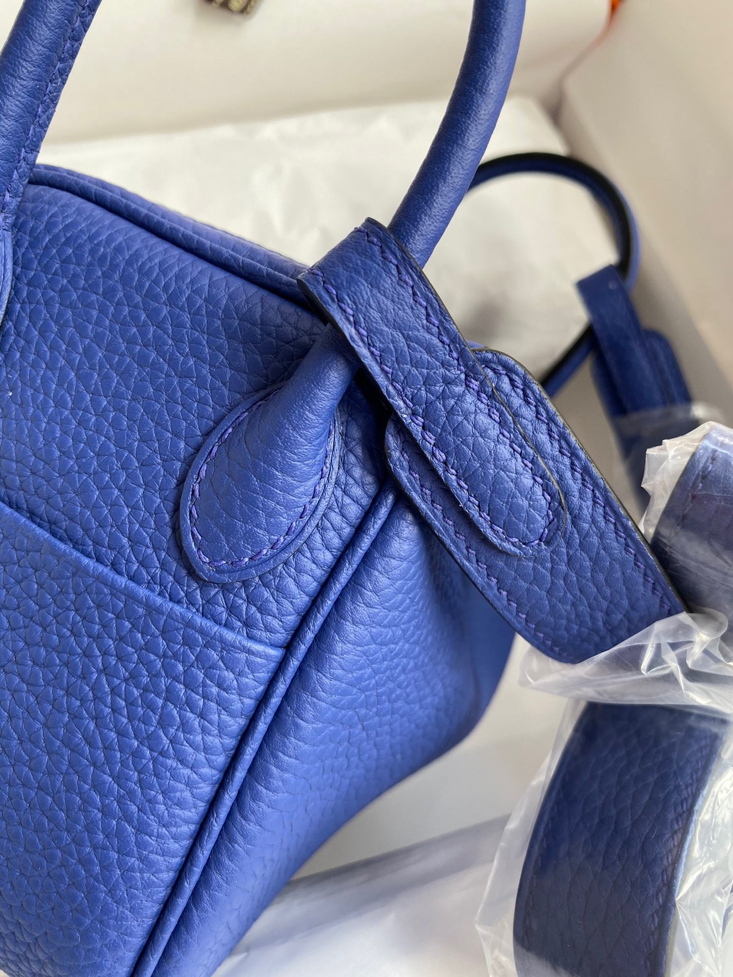 H**mes mini lindy handmade bag in blue electric clemence leather