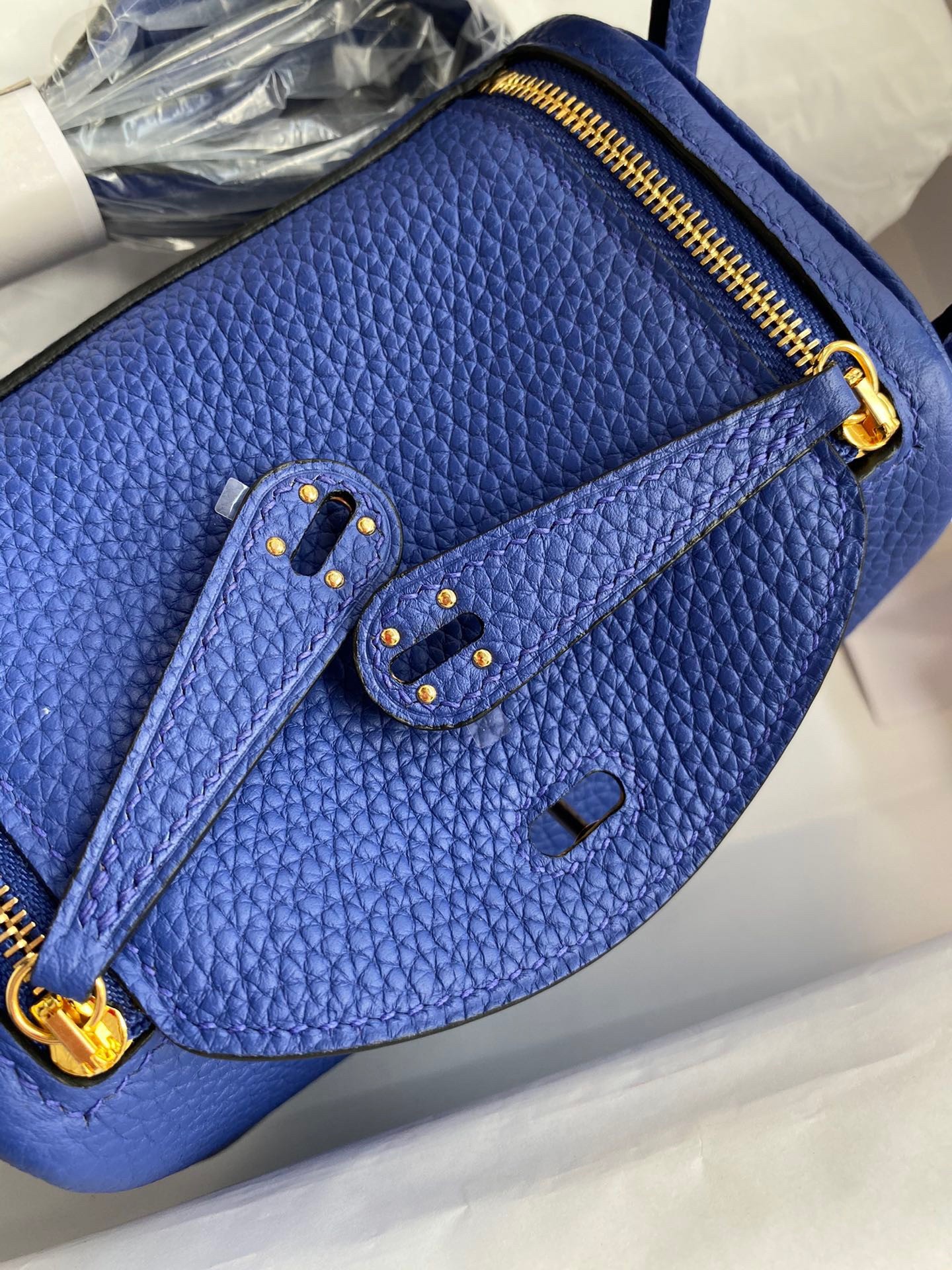 H**mes mini lindy handmade bag in blue electric clemence leather