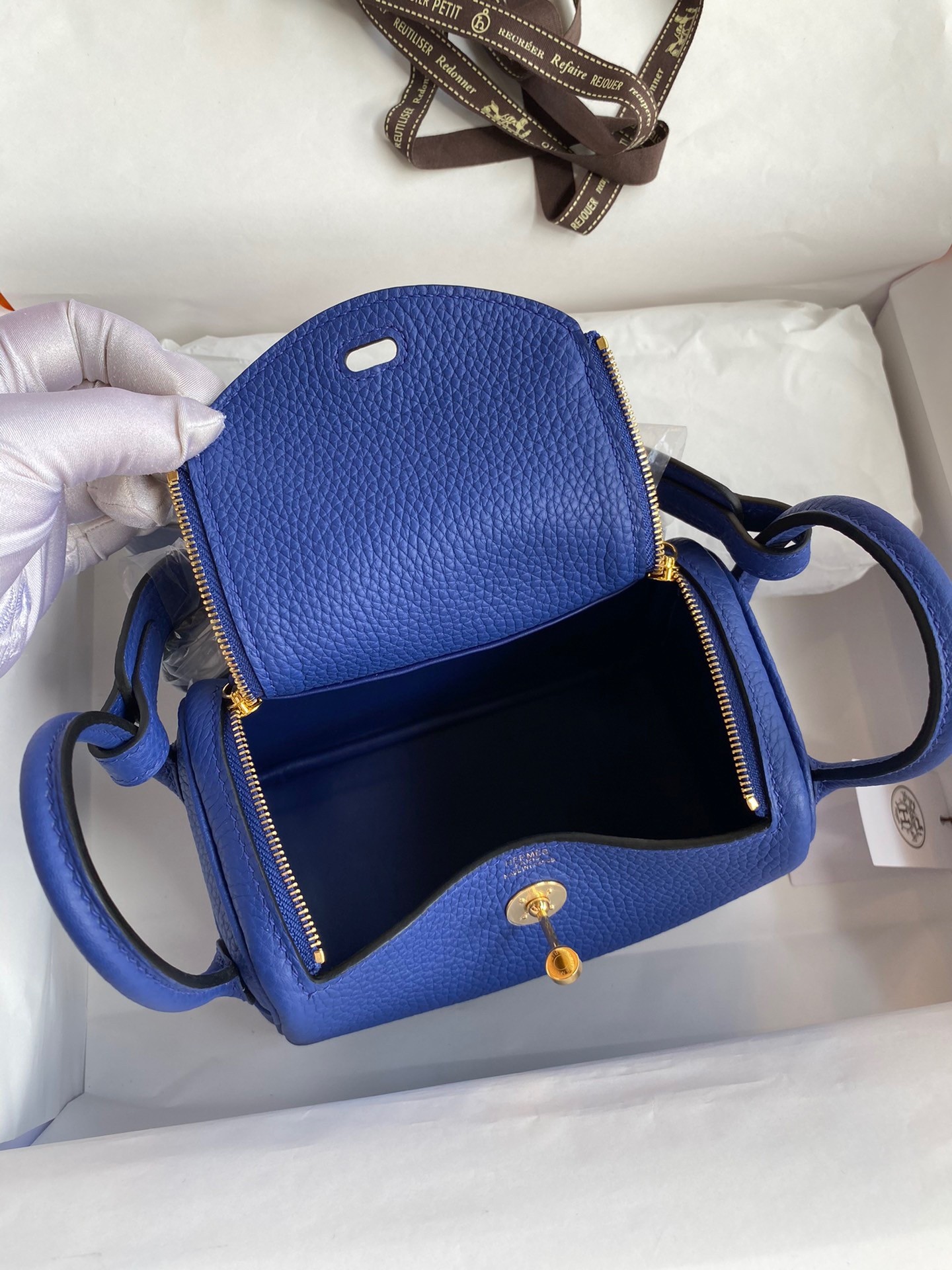 H**mes mini lindy handmade bag in blue electric clemence leather