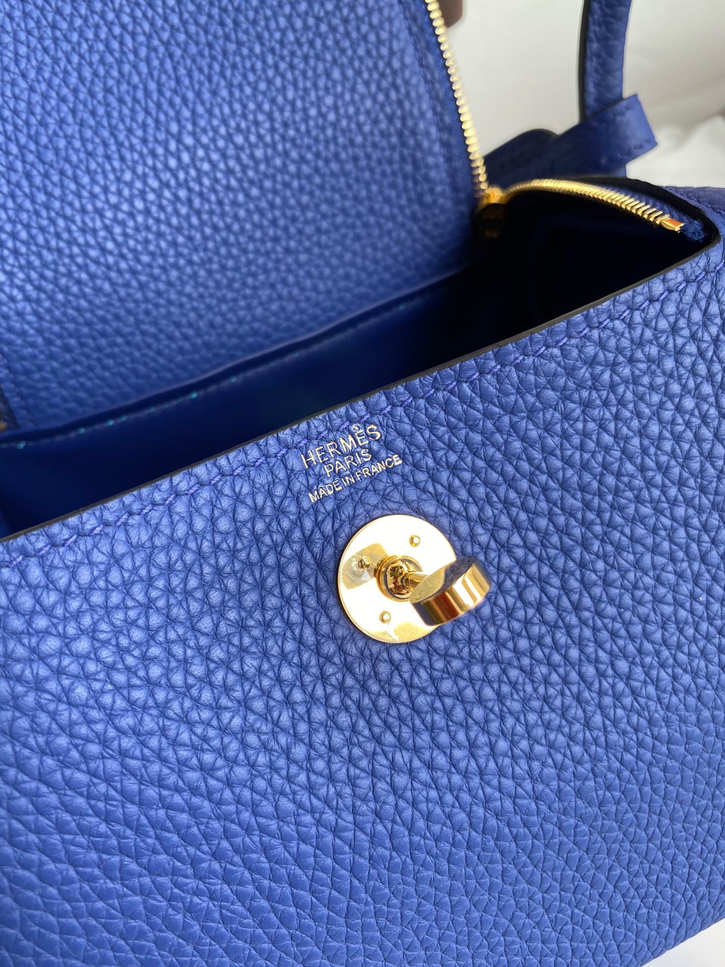 H**mes mini lindy handmade bag in blue electric clemence leather