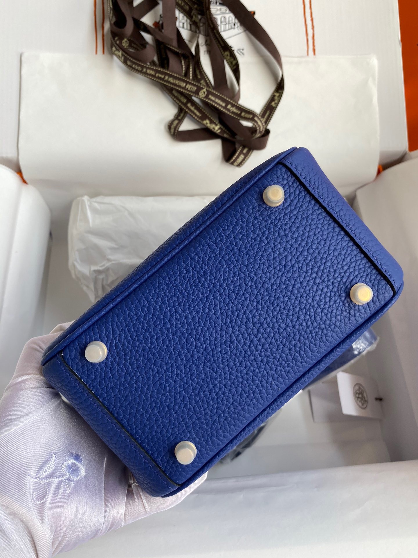 H**mes mini lindy handmade bag in blue electric clemence leather
