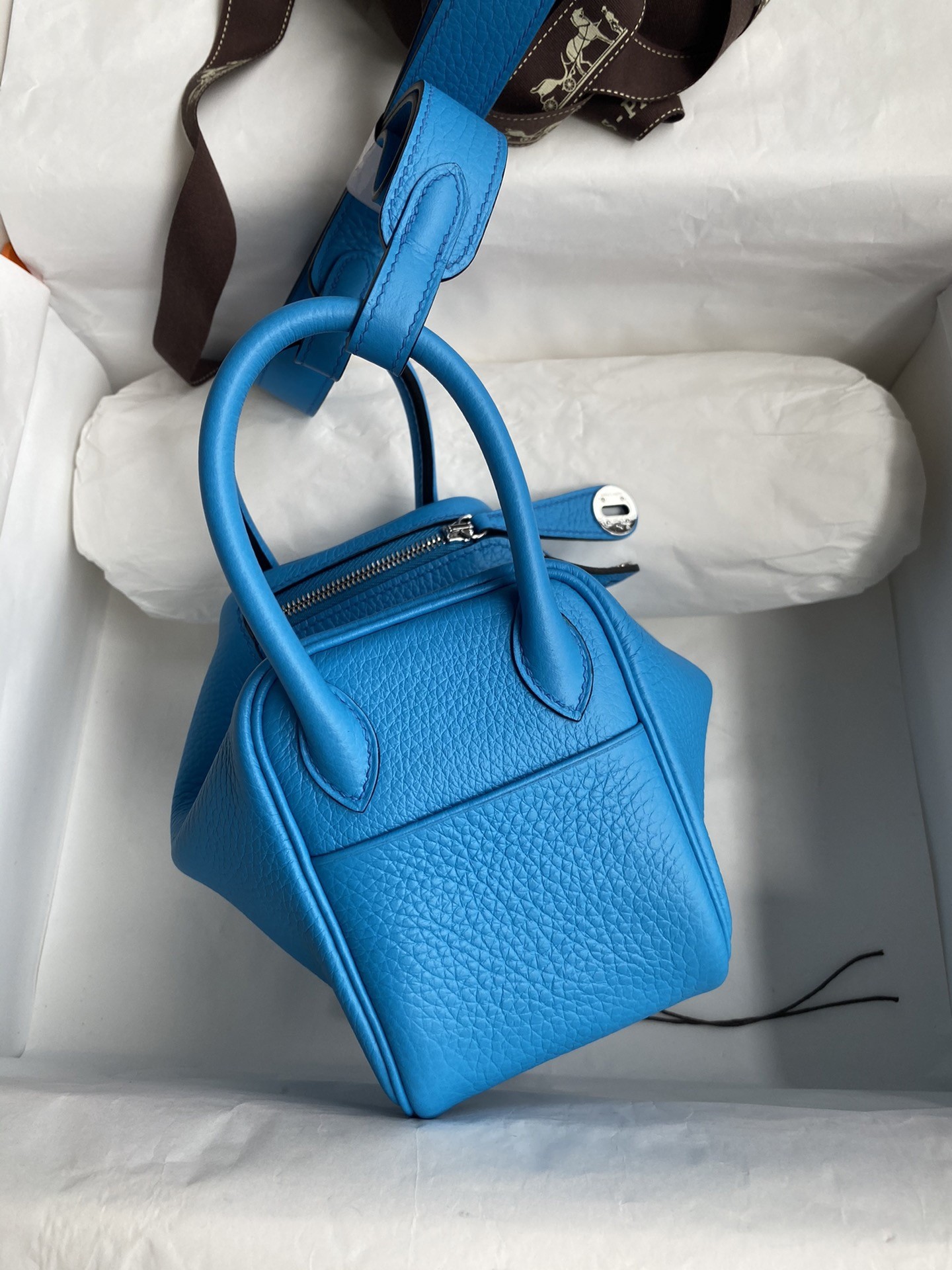 H**mes mini lindy handmade bag in blue frida clemence leather