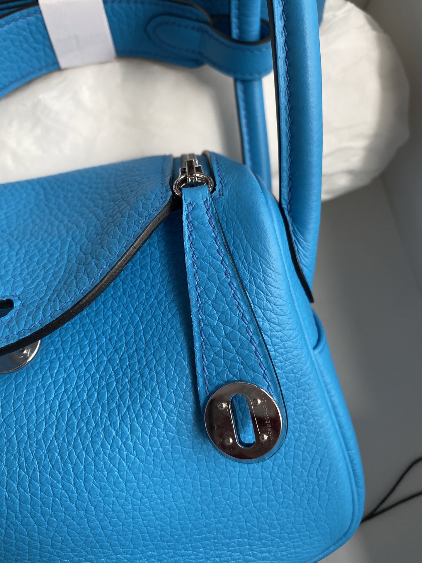 H**mes mini lindy handmade bag in blue frida clemence leather