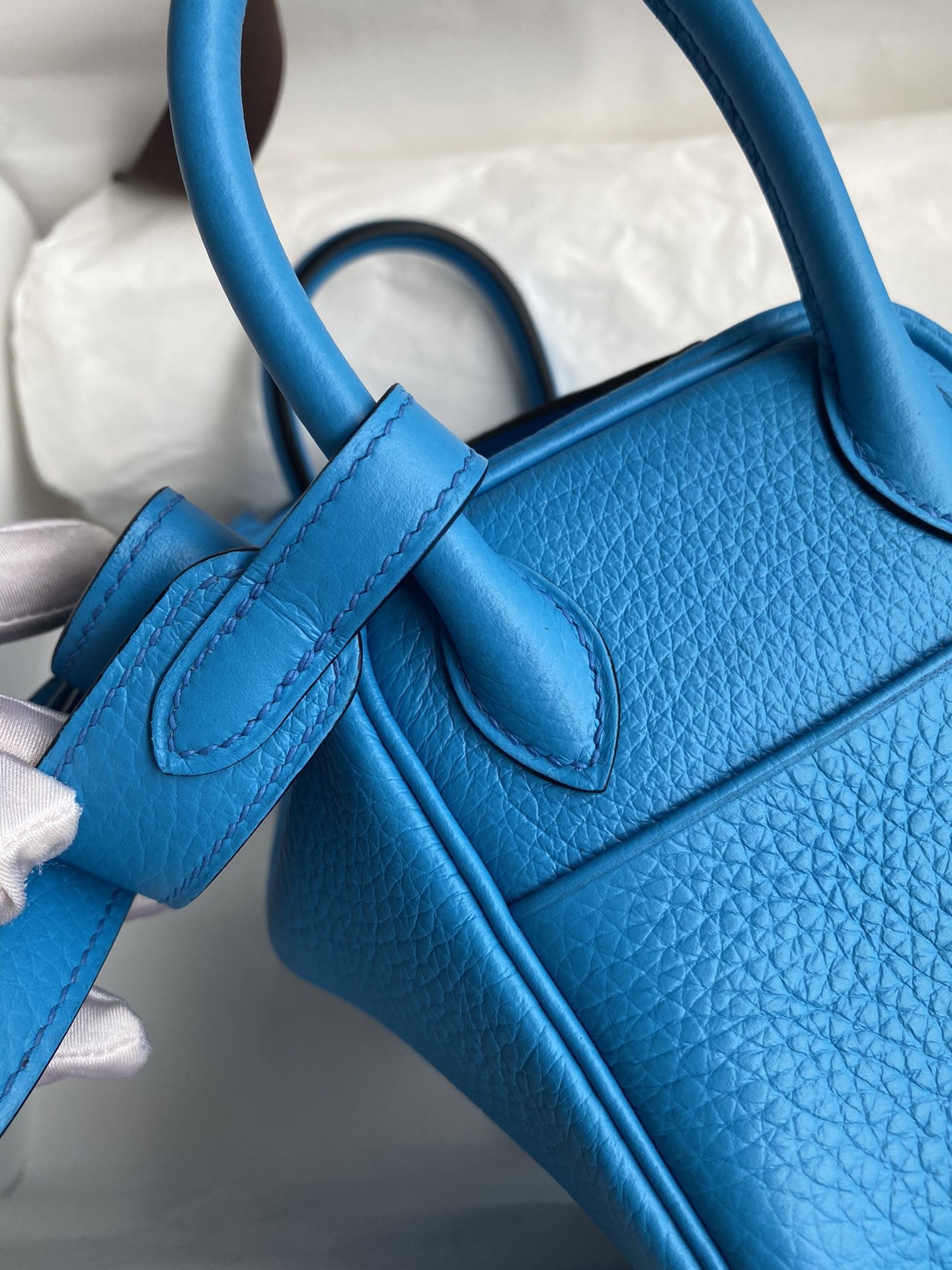 H**mes mini lindy handmade bag in blue frida clemence leather