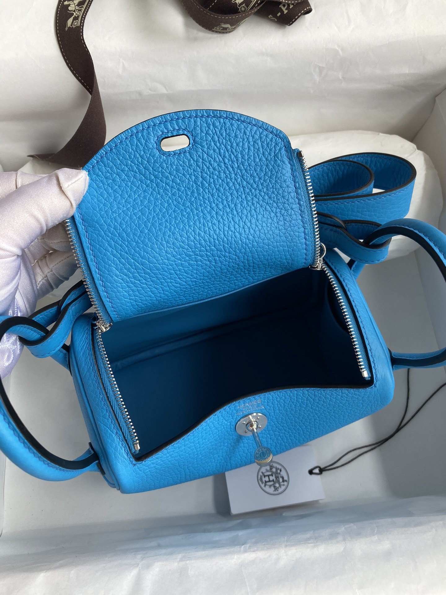 H**mes mini lindy handmade bag in blue frida clemence leather