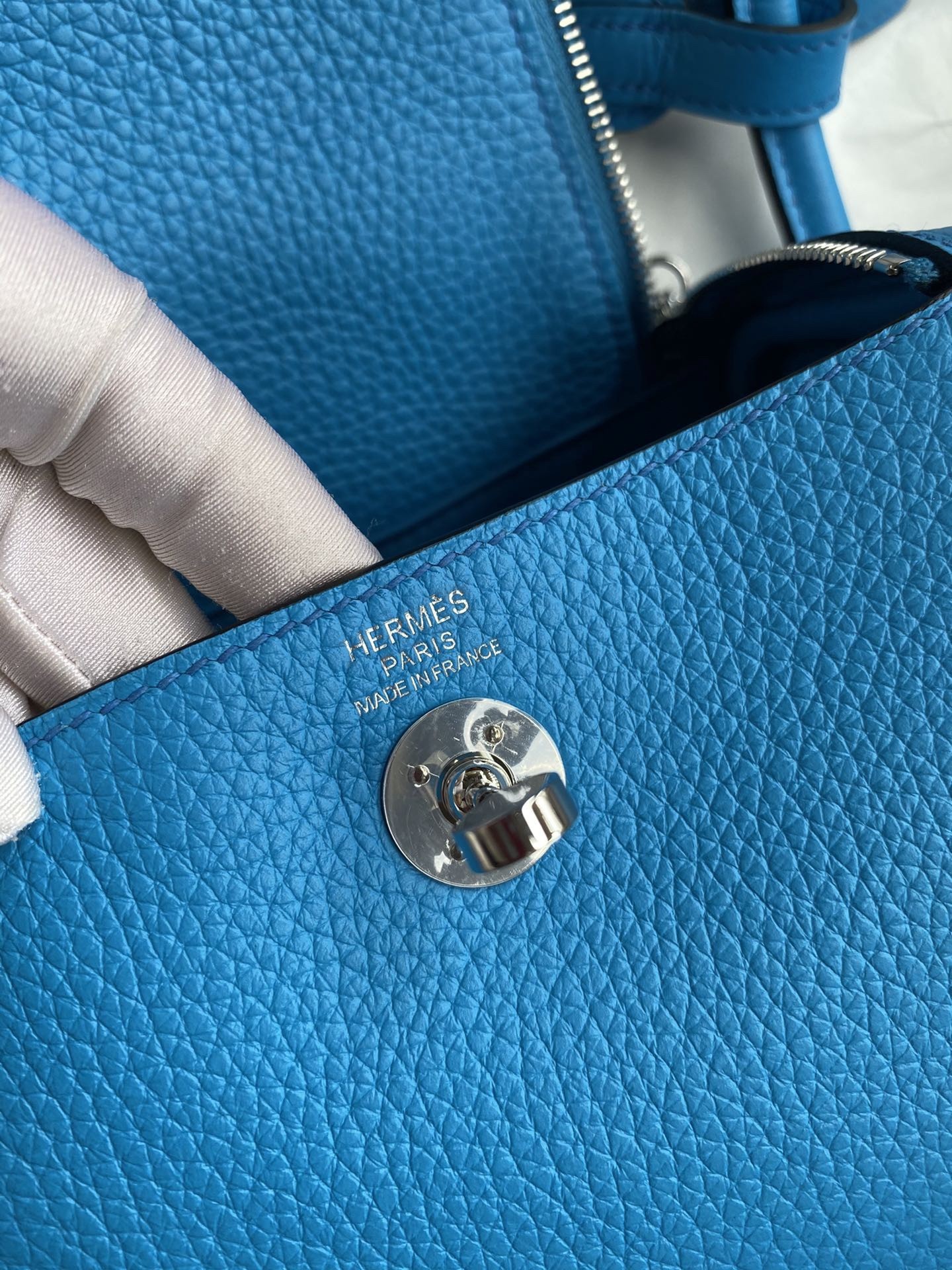 H**mes mini lindy handmade bag in blue frida clemence leather
