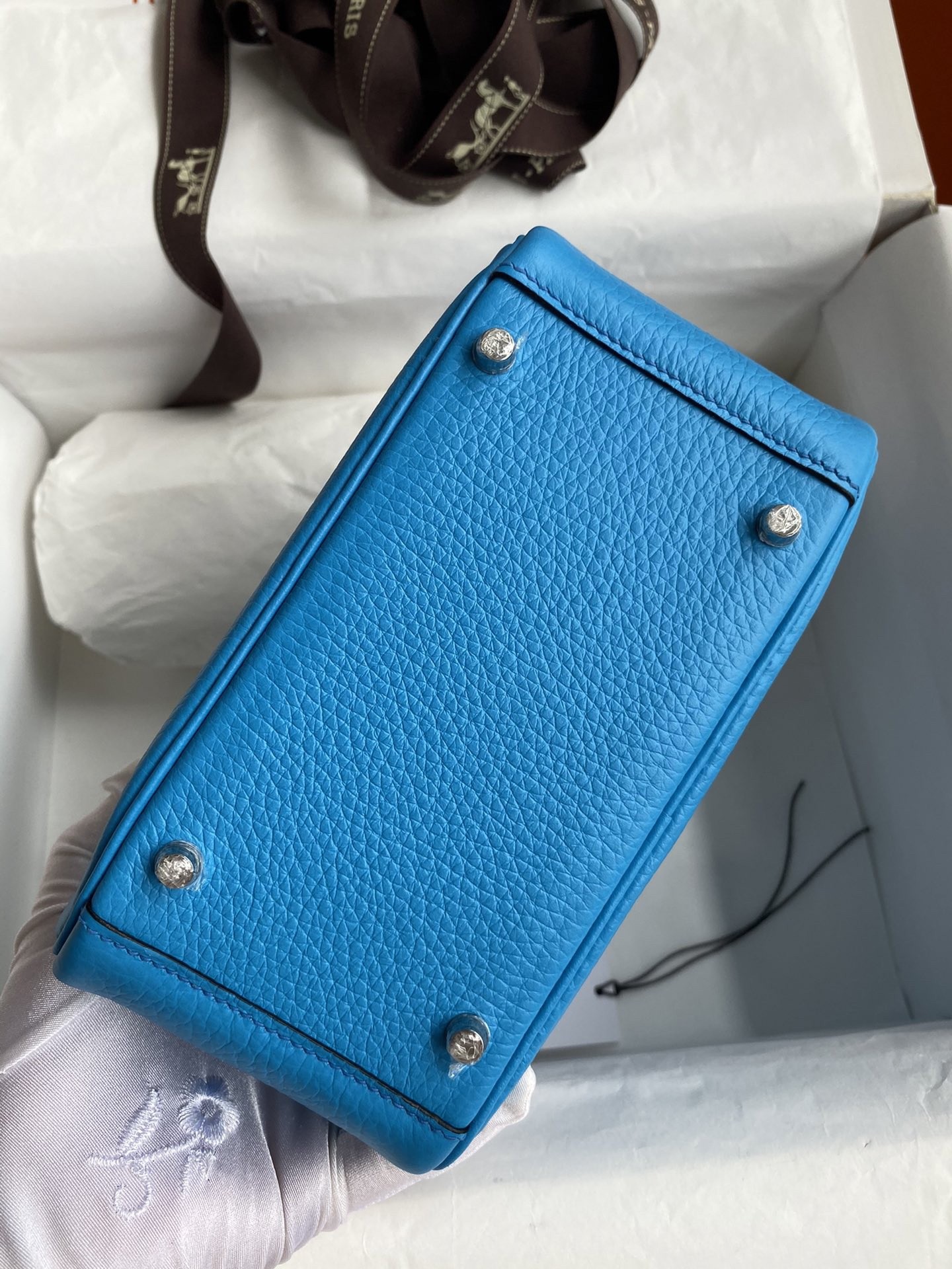 H**mes mini lindy handmade bag in blue frida clemence leather