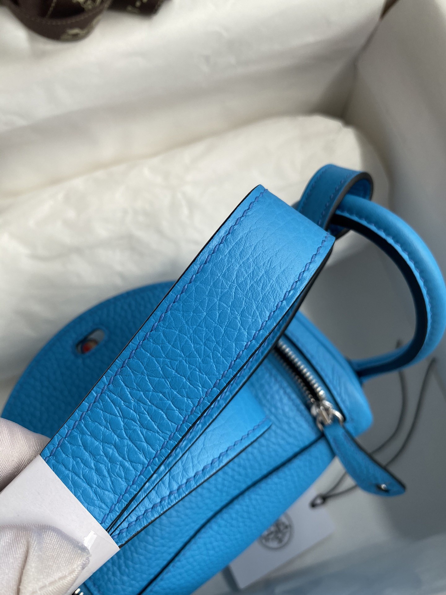 H**mes mini lindy handmade bag in blue frida clemence leather