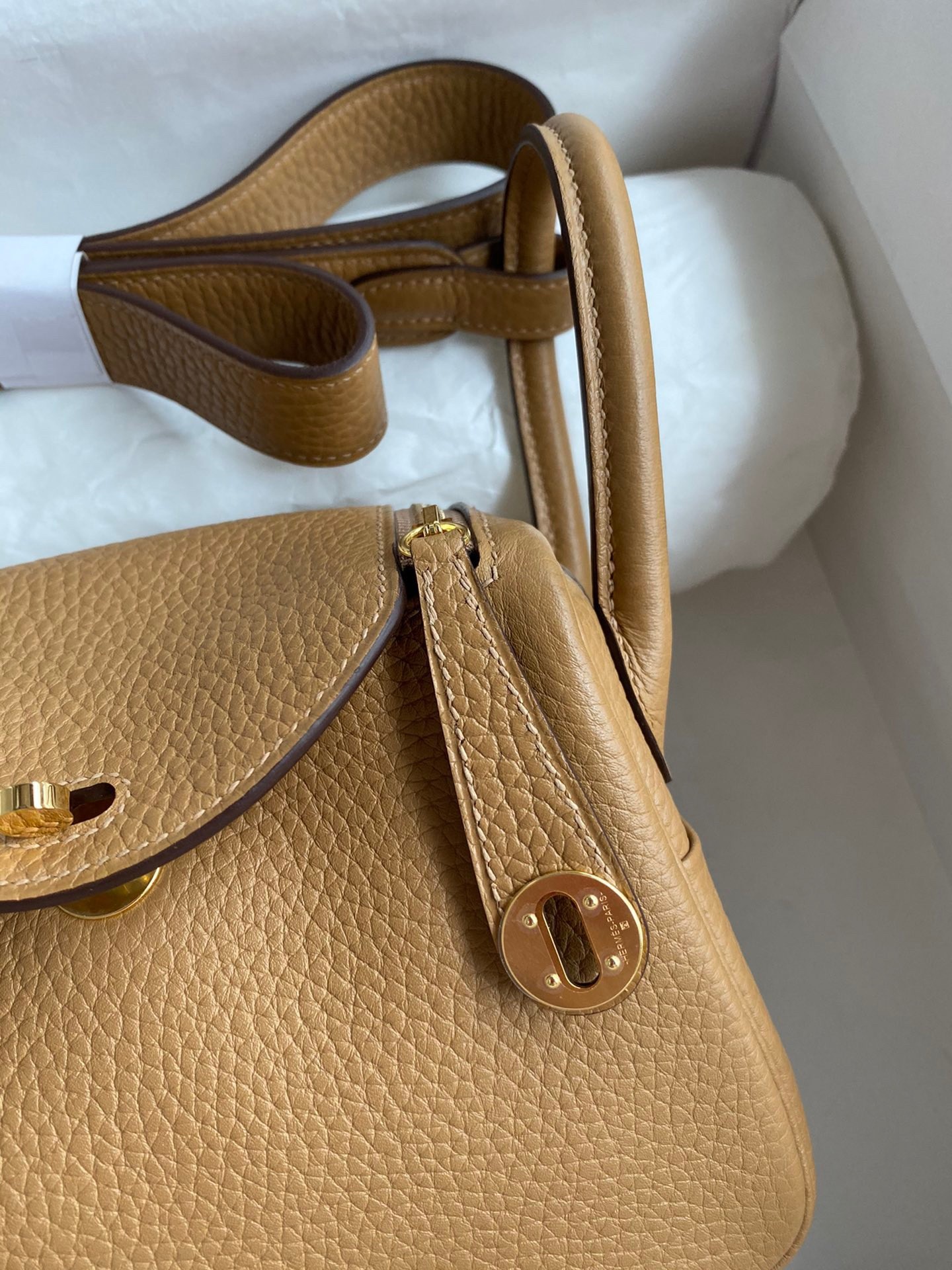 H**mes mini lindy handmade bag in biscuit clemence leather