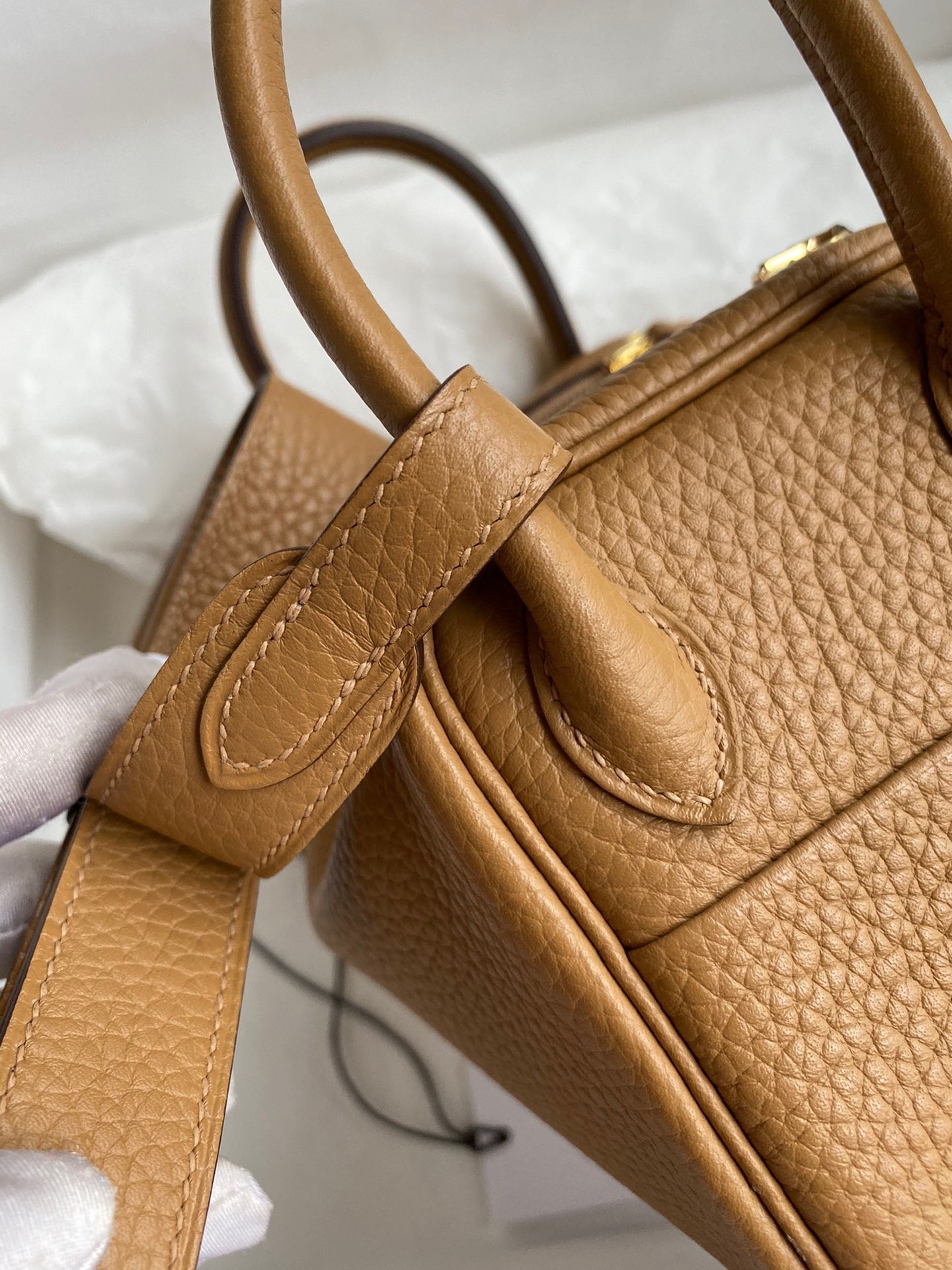 H**mes mini lindy handmade bag in biscuit clemence leather
