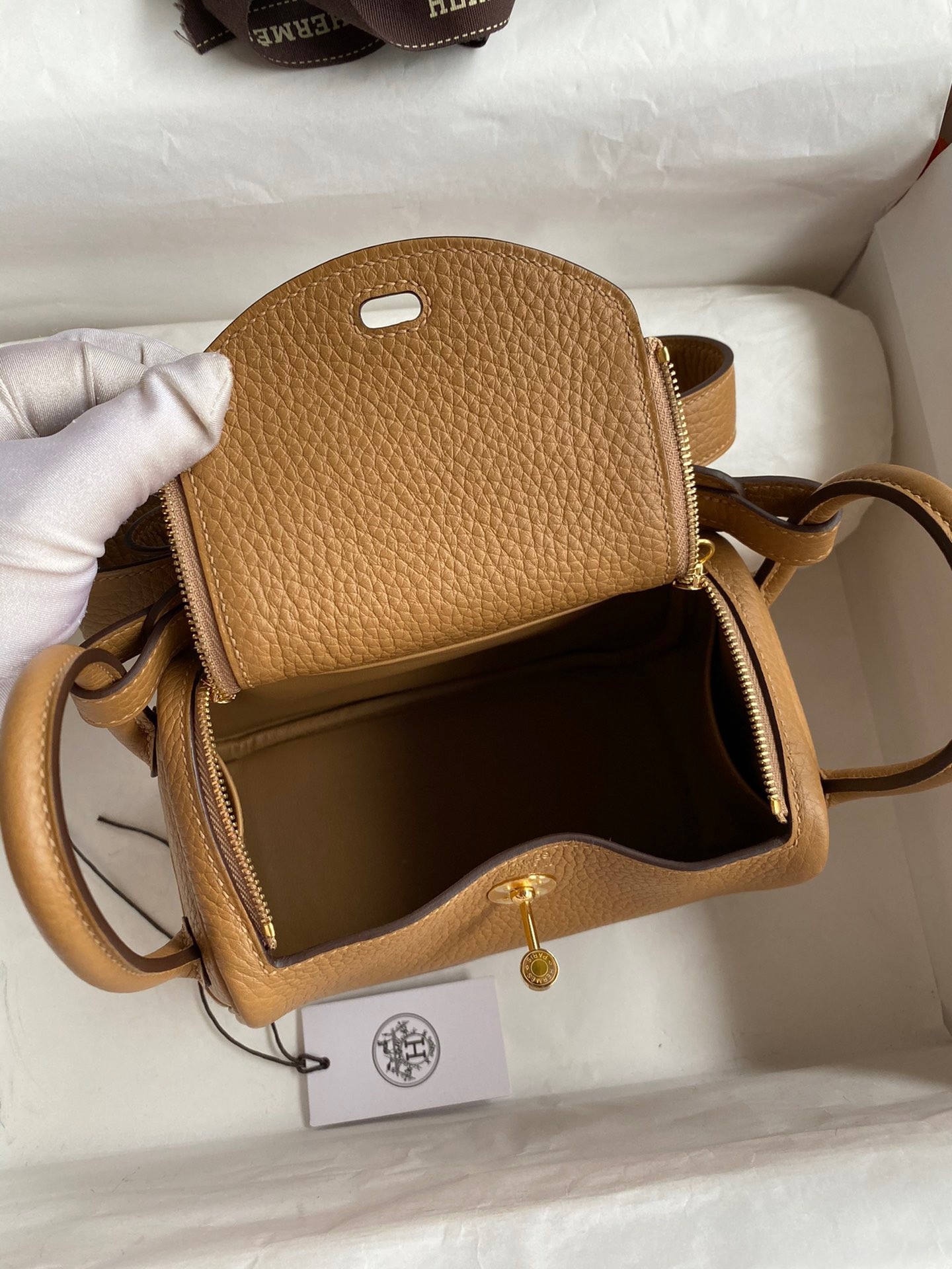 H**mes mini lindy handmade bag in biscuit clemence leather