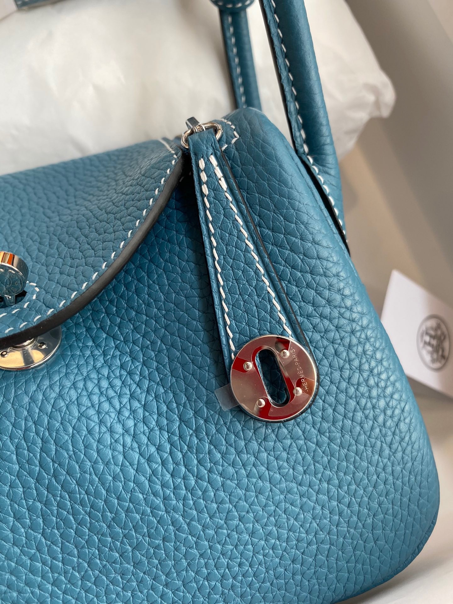 H**mes mini lindy handmade bag in blue jean clemence leather