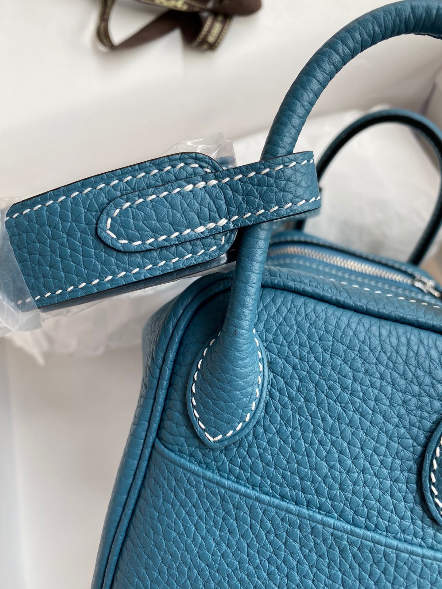 H**mes mini lindy handmade bag in blue jean clemence leather