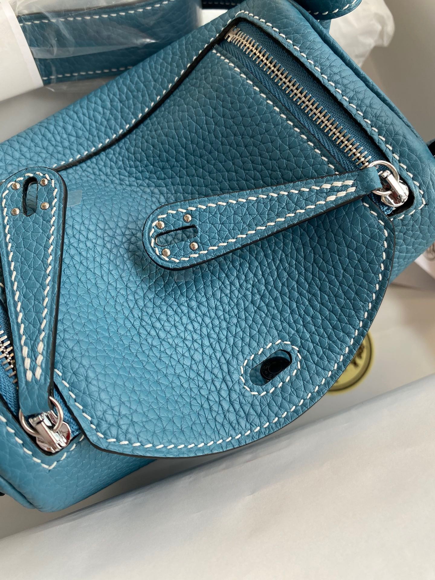 H**mes mini lindy handmade bag in blue jean clemence leather