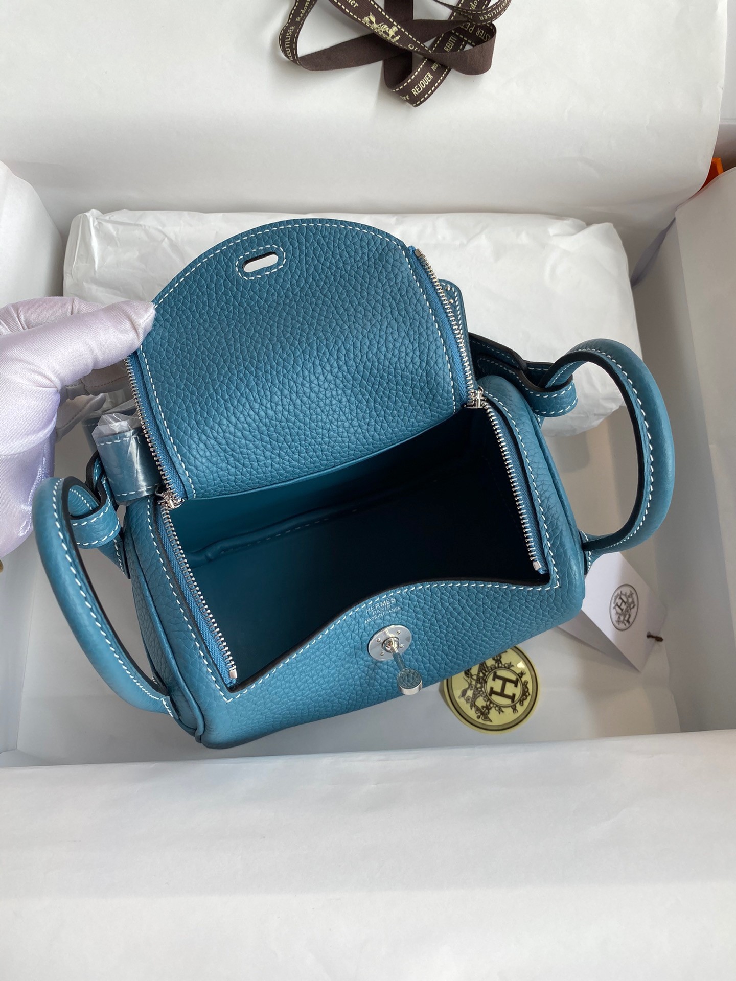 H**mes mini lindy handmade bag in blue jean clemence leather