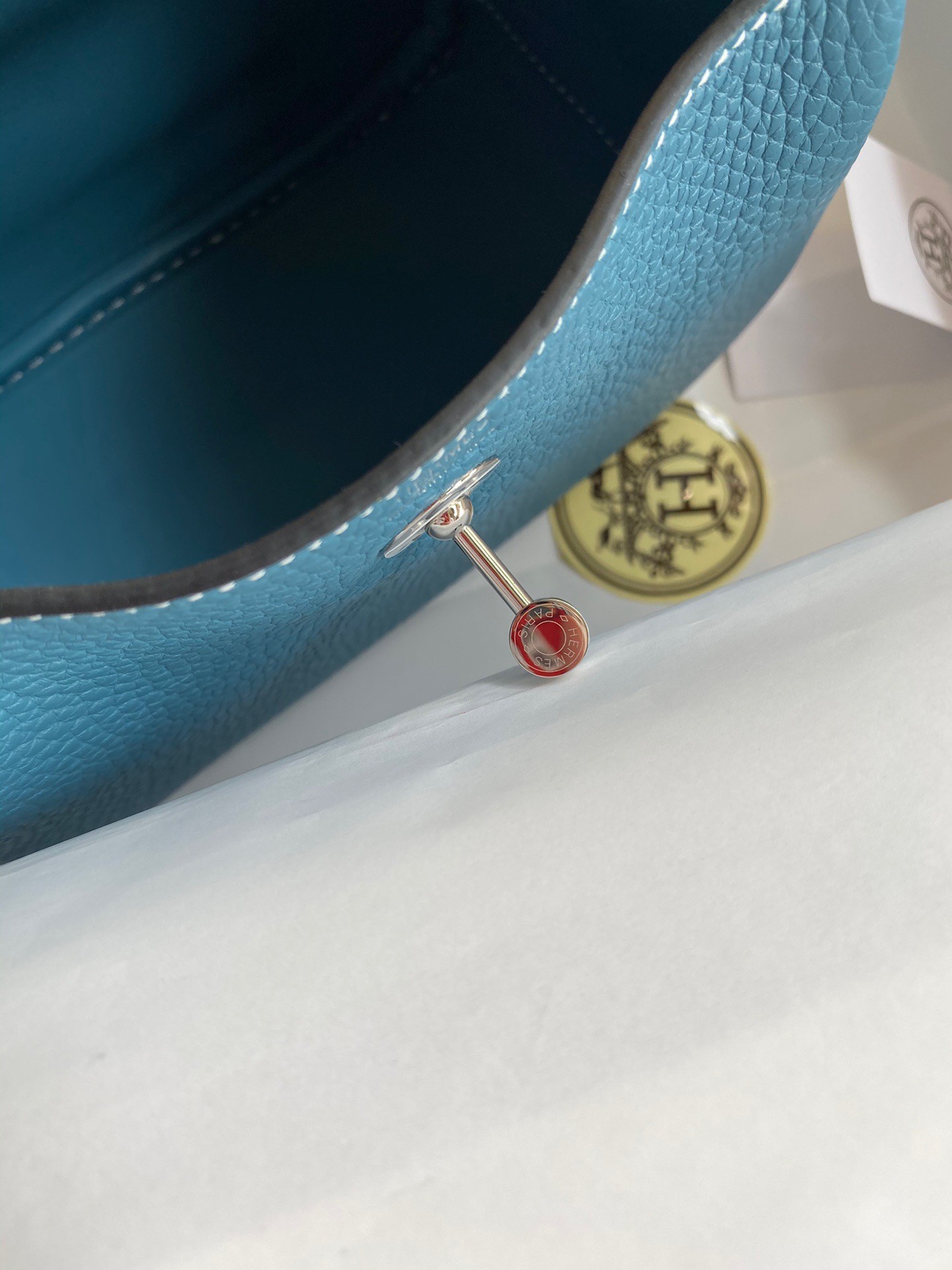 H**mes mini lindy handmade bag in blue jean clemence leather