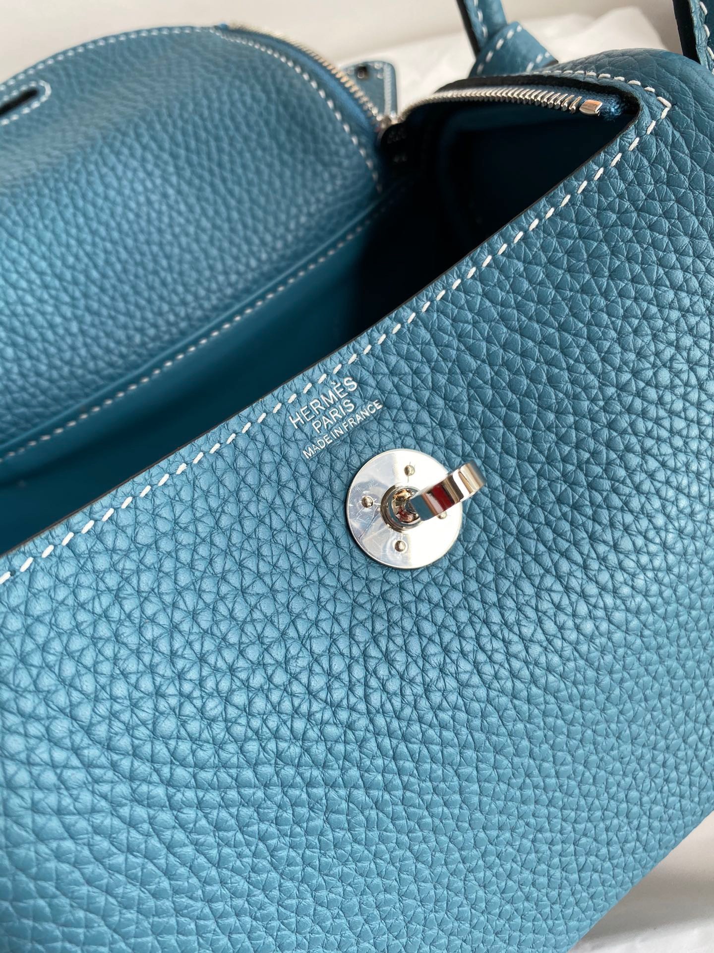 H**mes mini lindy handmade bag in blue jean clemence leather