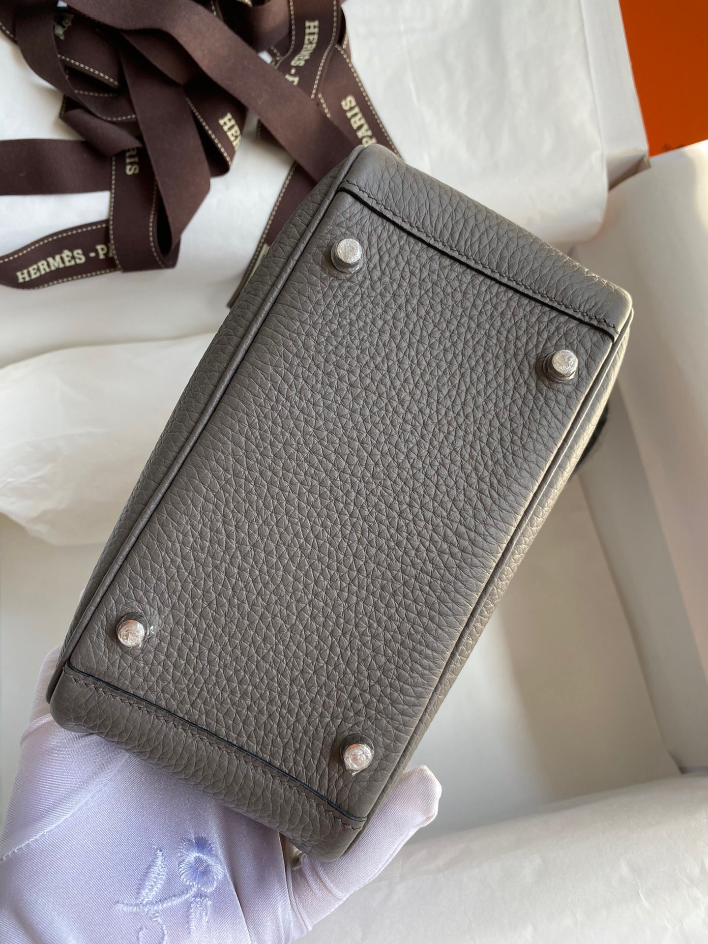 H**mes mini lindy handmade bag in etain clemence leather