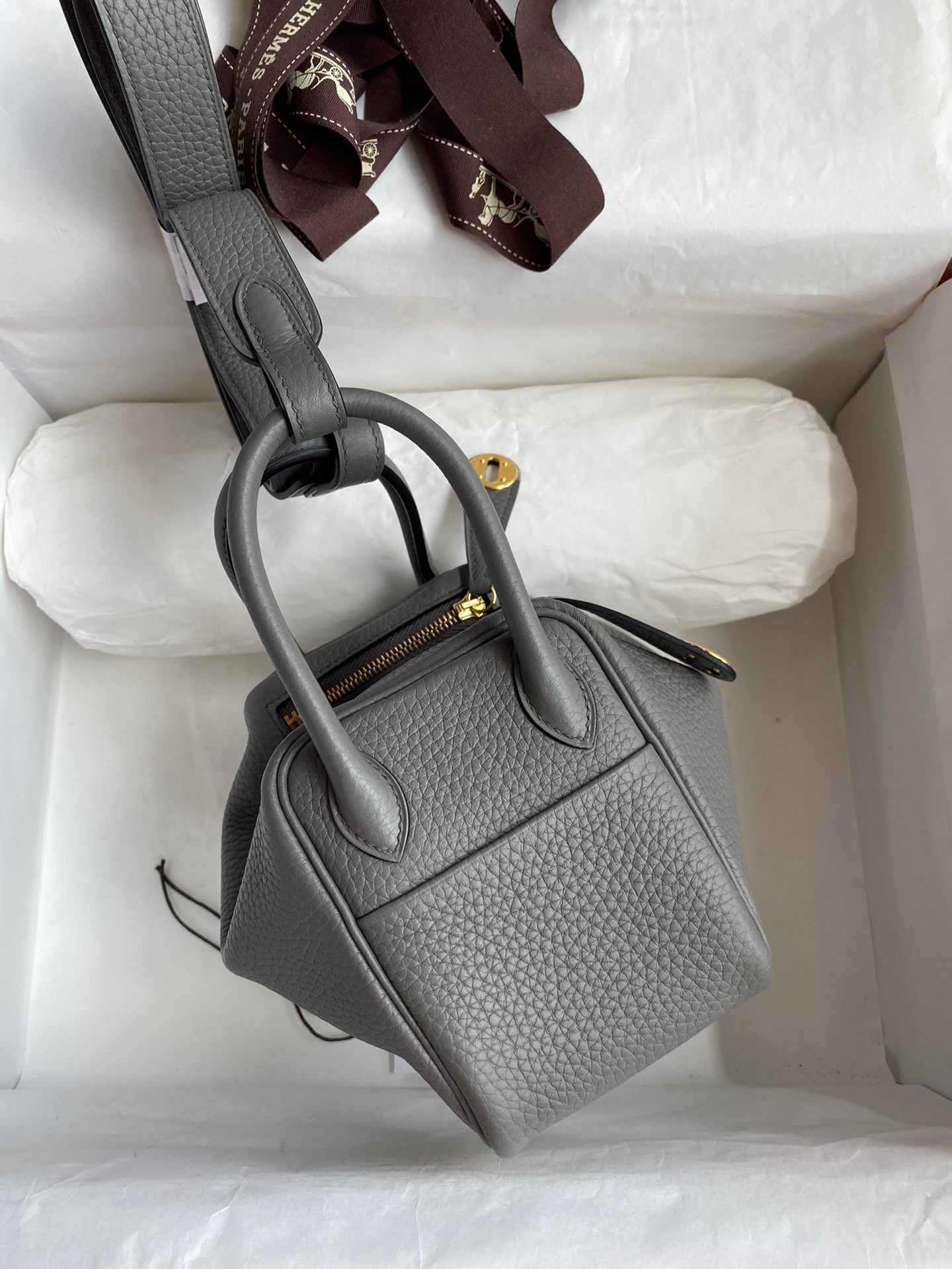 H**mes mini lindy handmade bag in gris meyer clemence leather
