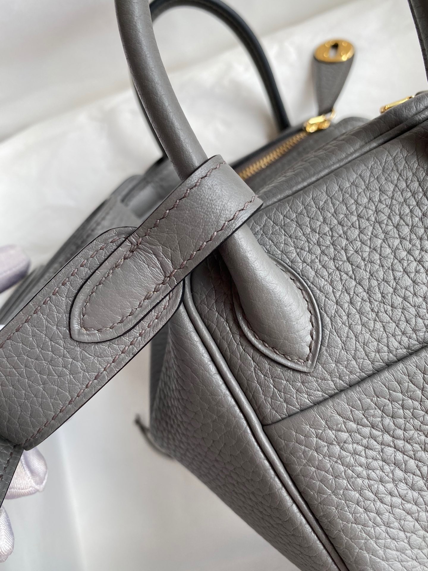 H**mes mini lindy handmade bag in gris meyer clemence leather