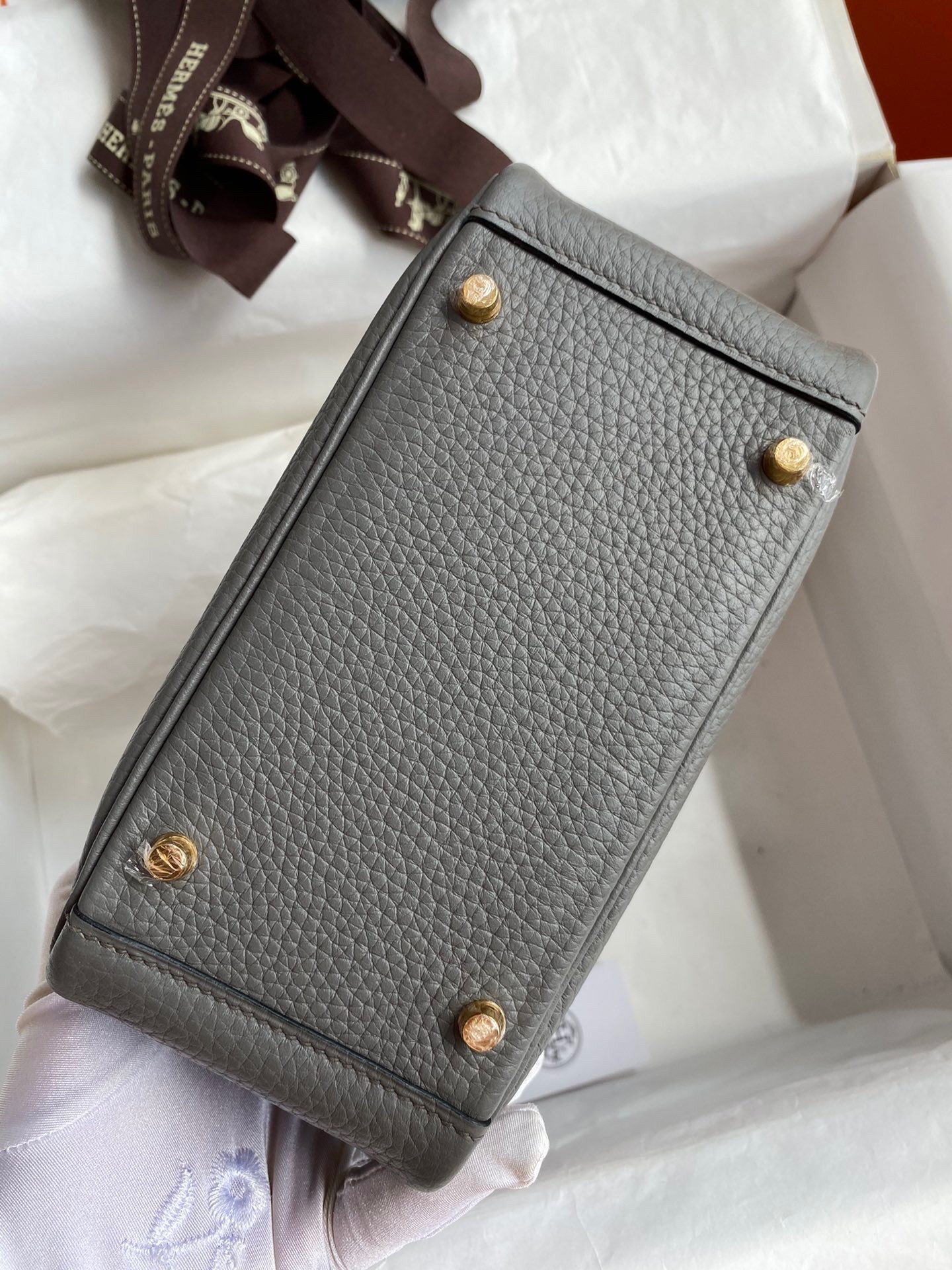 H**mes mini lindy handmade bag in gris meyer clemence leather