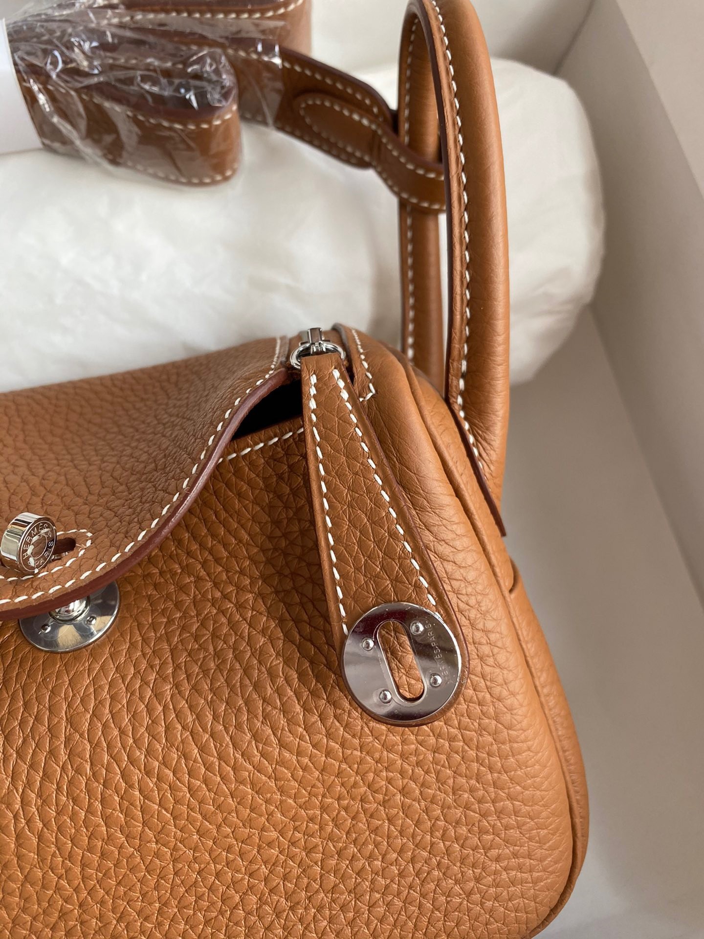 H**mes mini lindy handmade bag in gold clemence leather