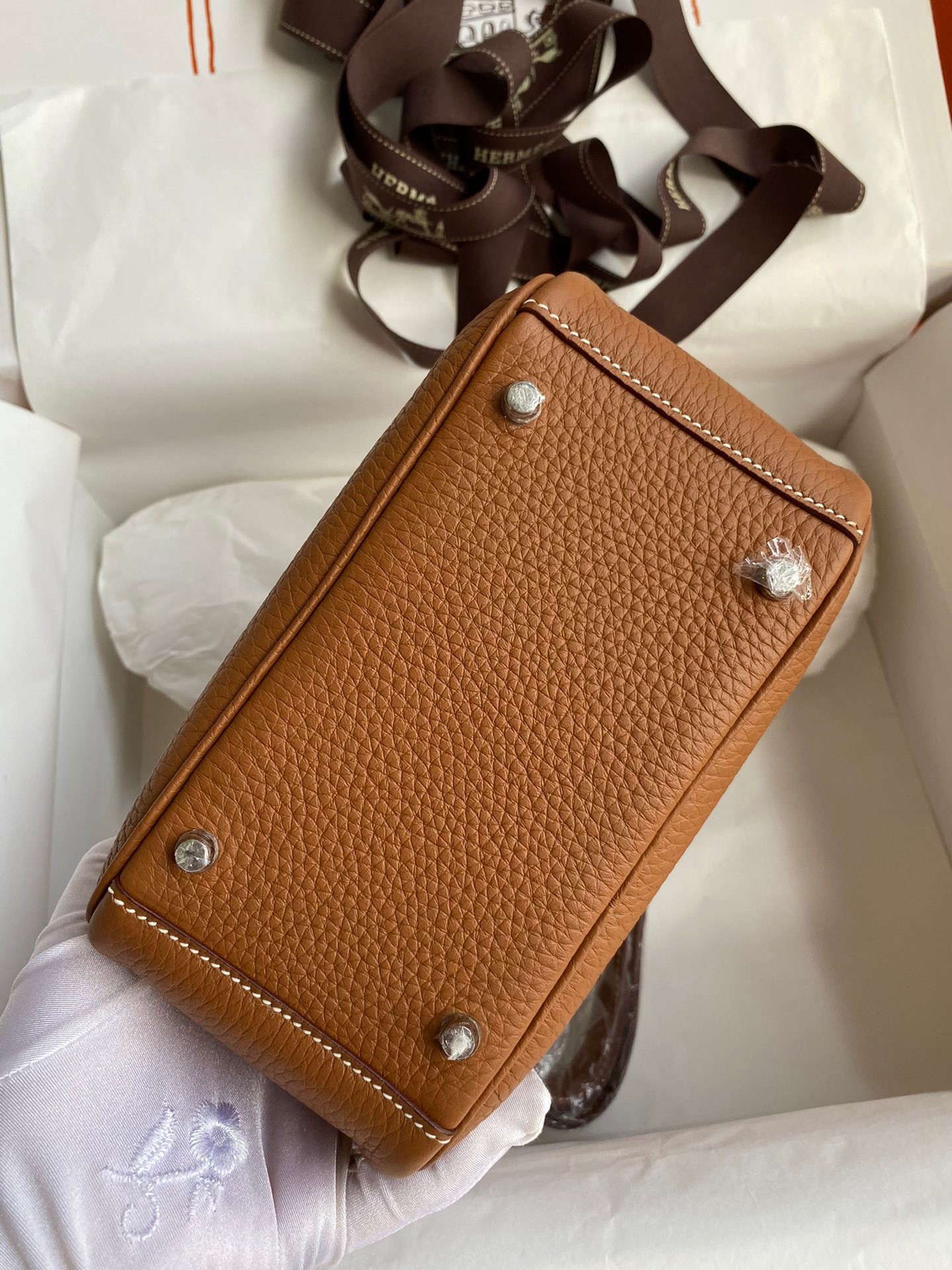 H**mes mini lindy handmade bag in gold clemence leather