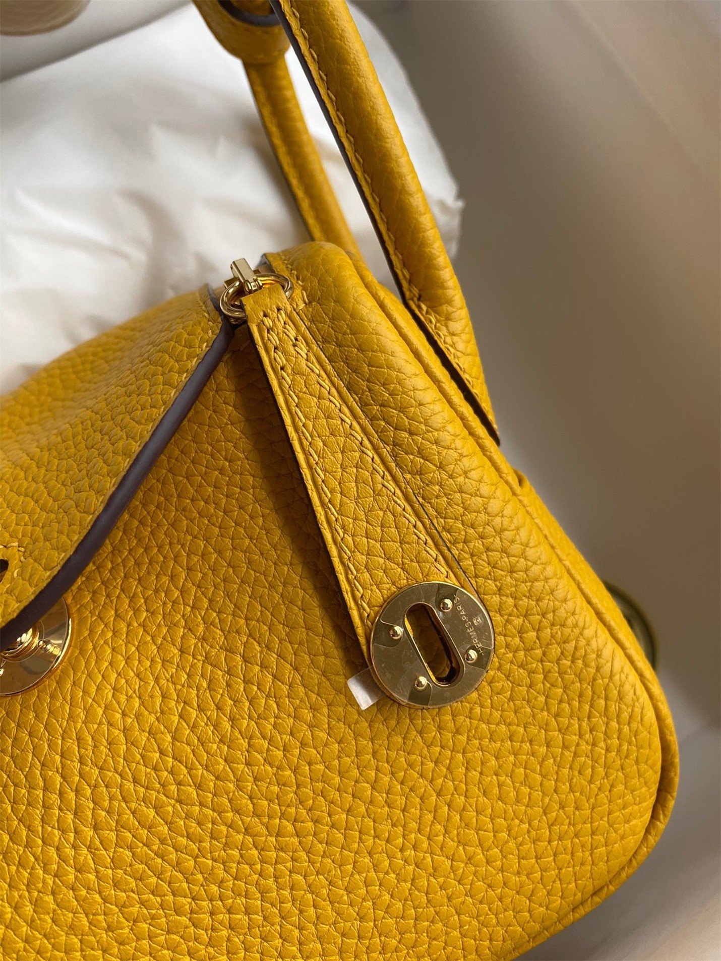 H**mes mini lindy handmade bag in jaune ambre clemence leather
