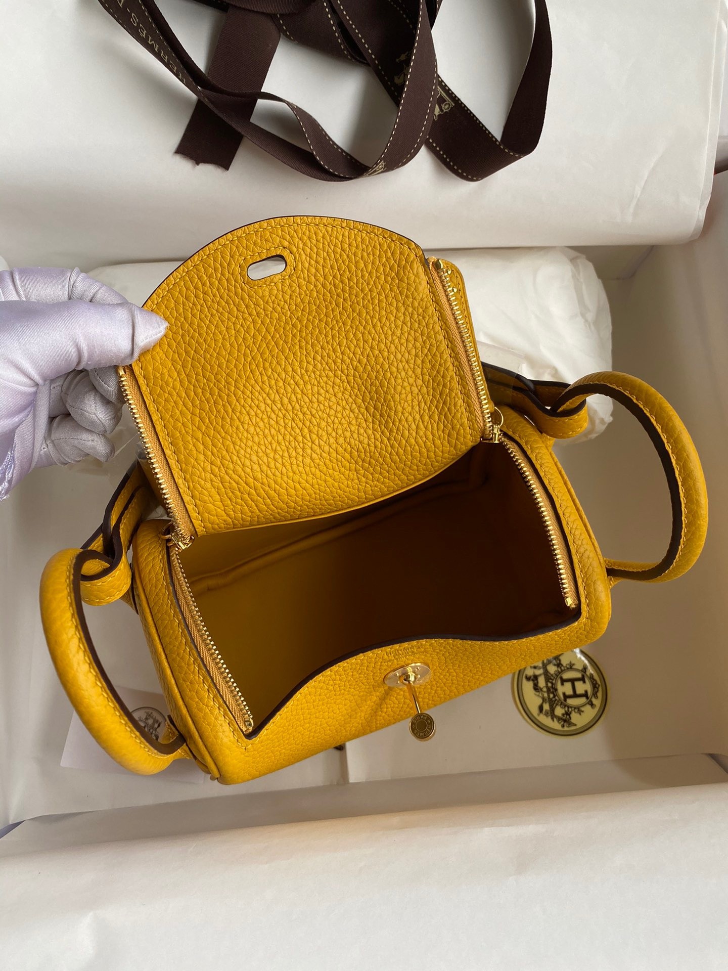 H**mes mini lindy handmade bag in jaune ambre clemence leather