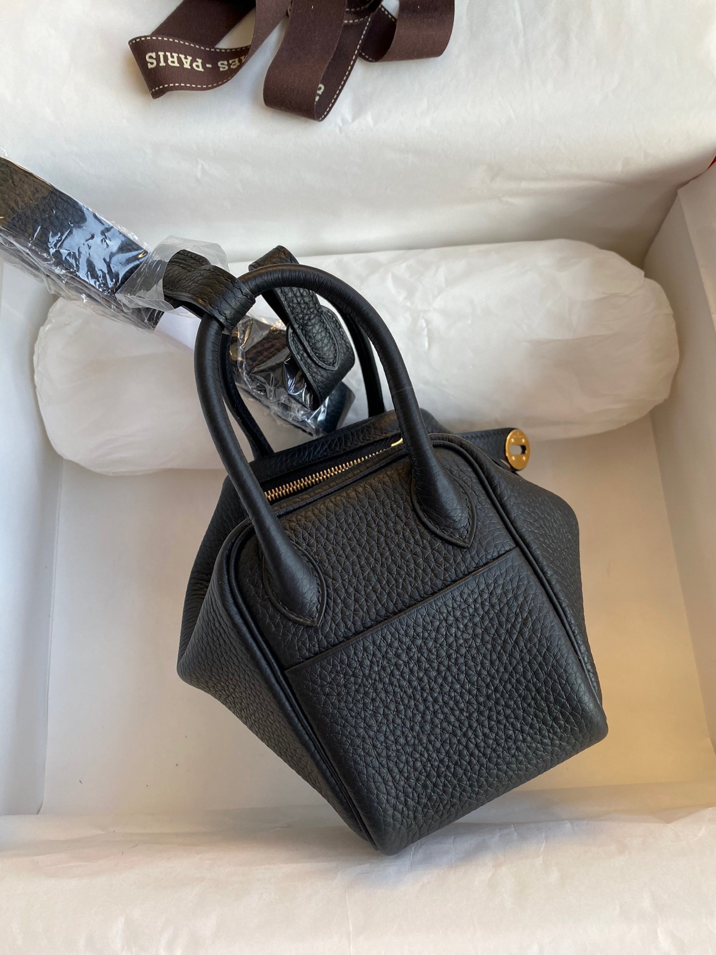 H**mes mini lindy handmade bag in black clemence leather