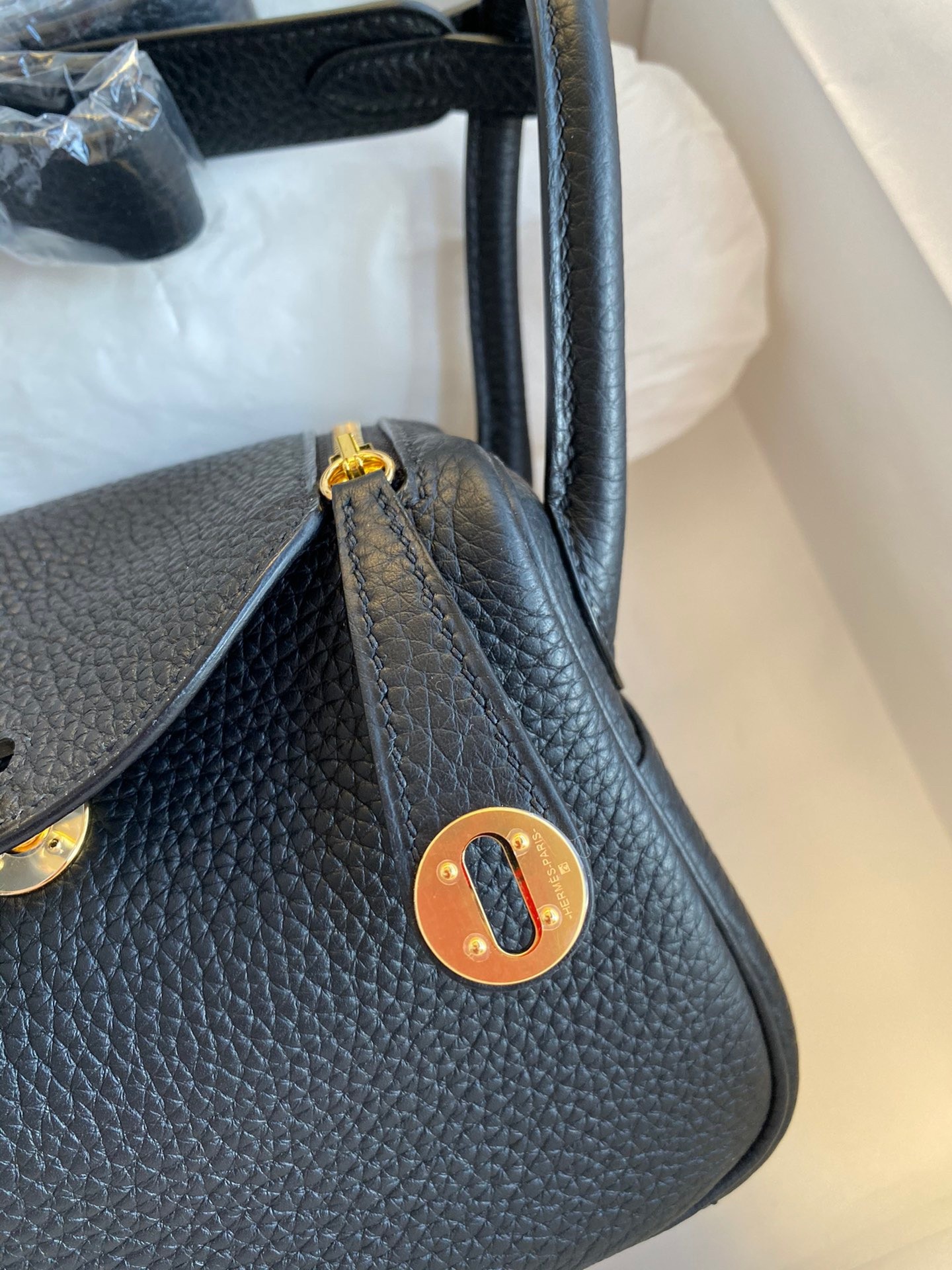 H**mes mini lindy handmade bag in black clemence leather