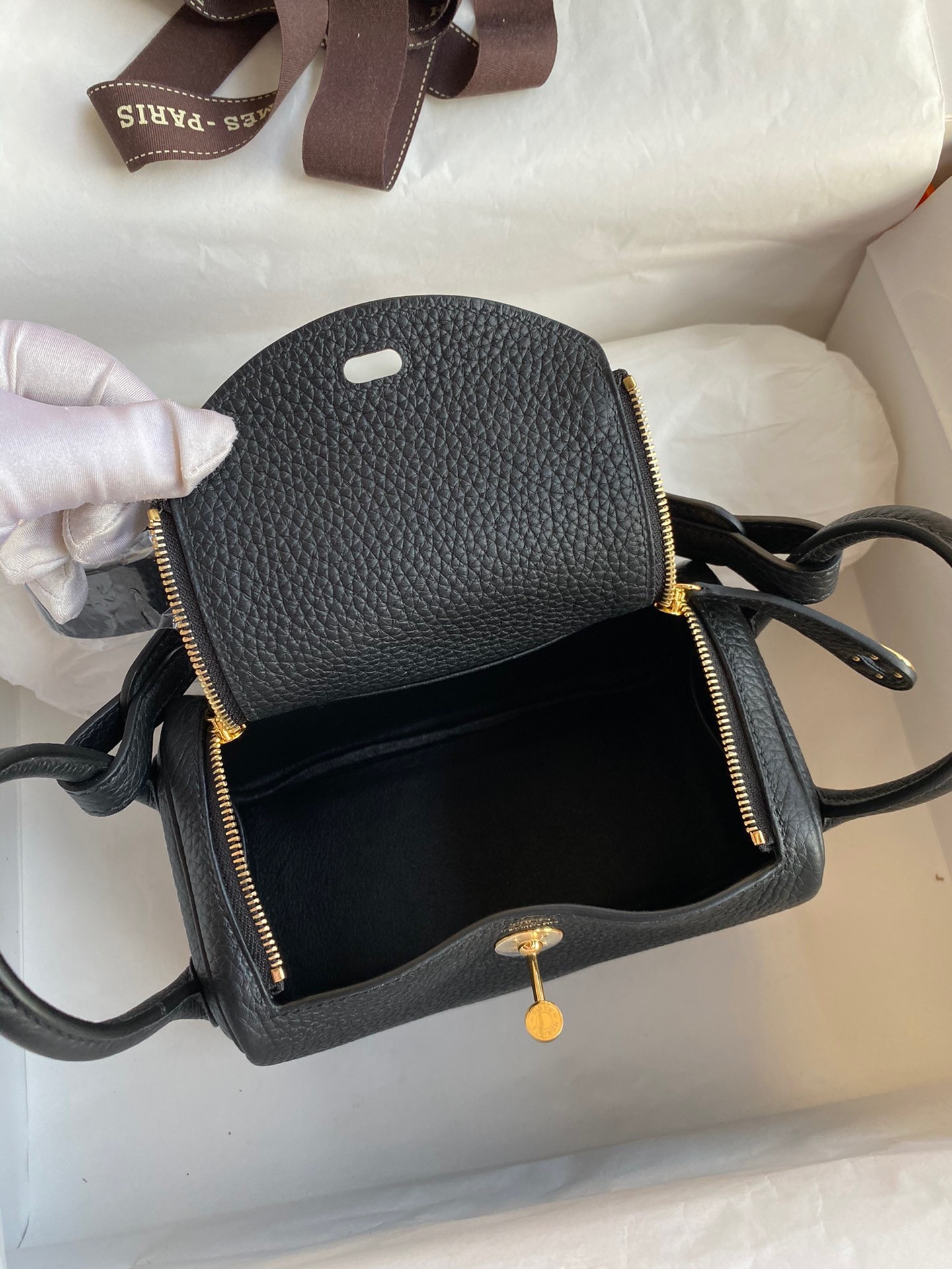 H**mes mini lindy handmade bag in black clemence leather