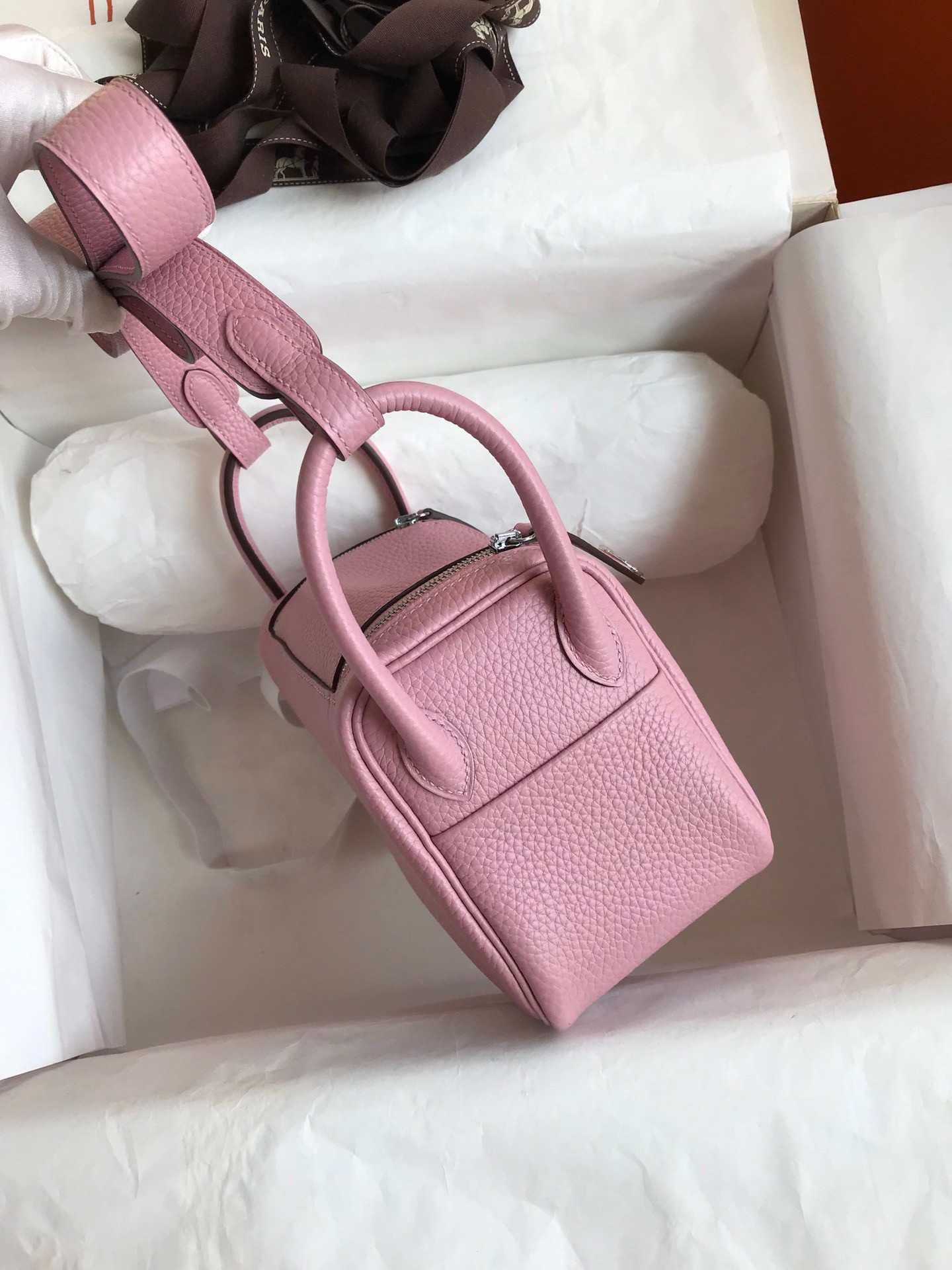 H**mes mini lindy handmade bag in pink clemence leather