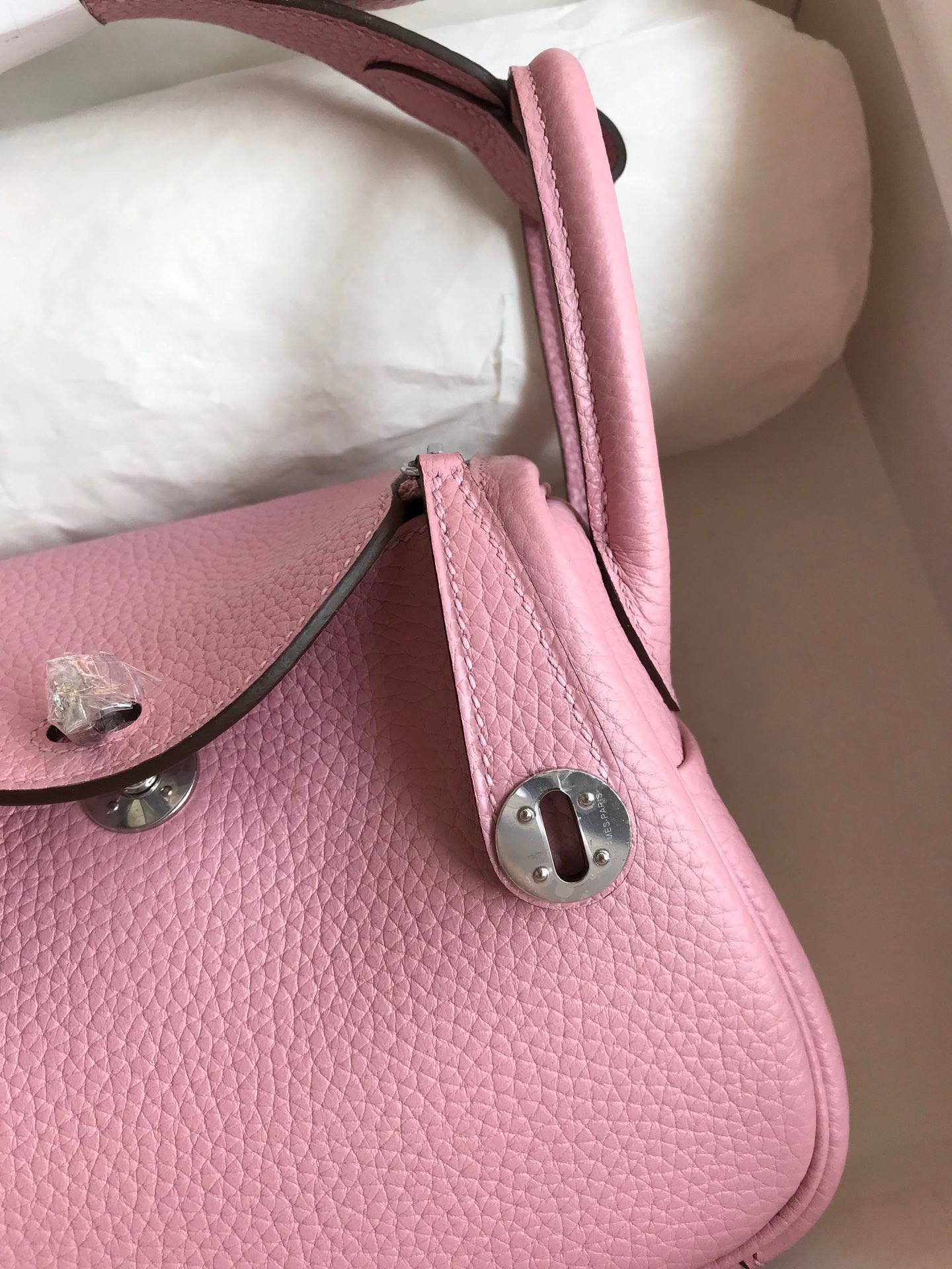 H**mes mini lindy handmade bag in pink clemence leather