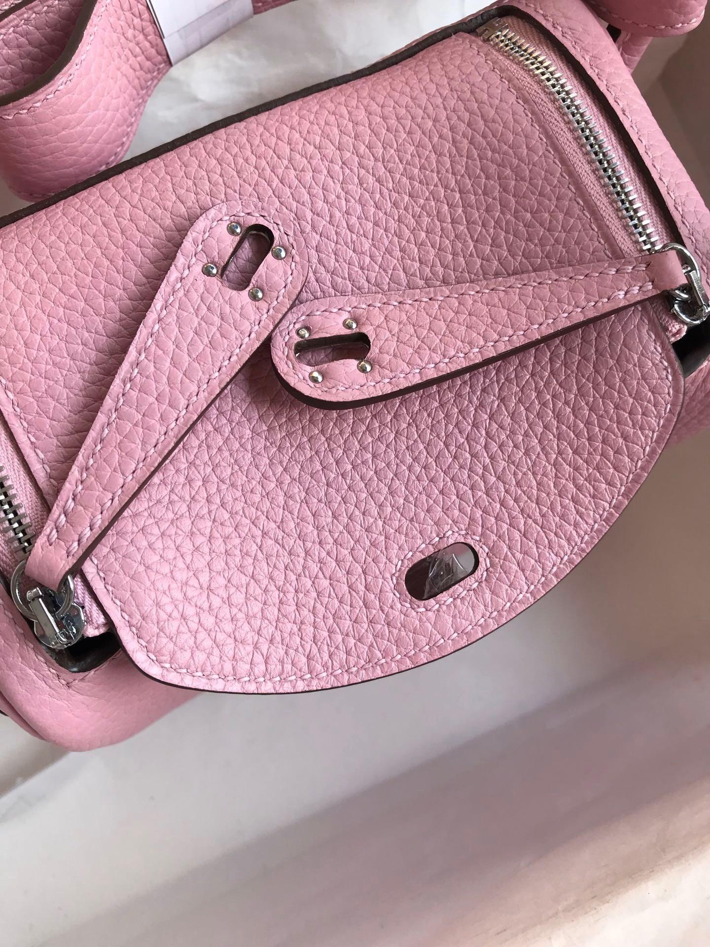 H**mes mini lindy handmade bag in pink clemence leather
