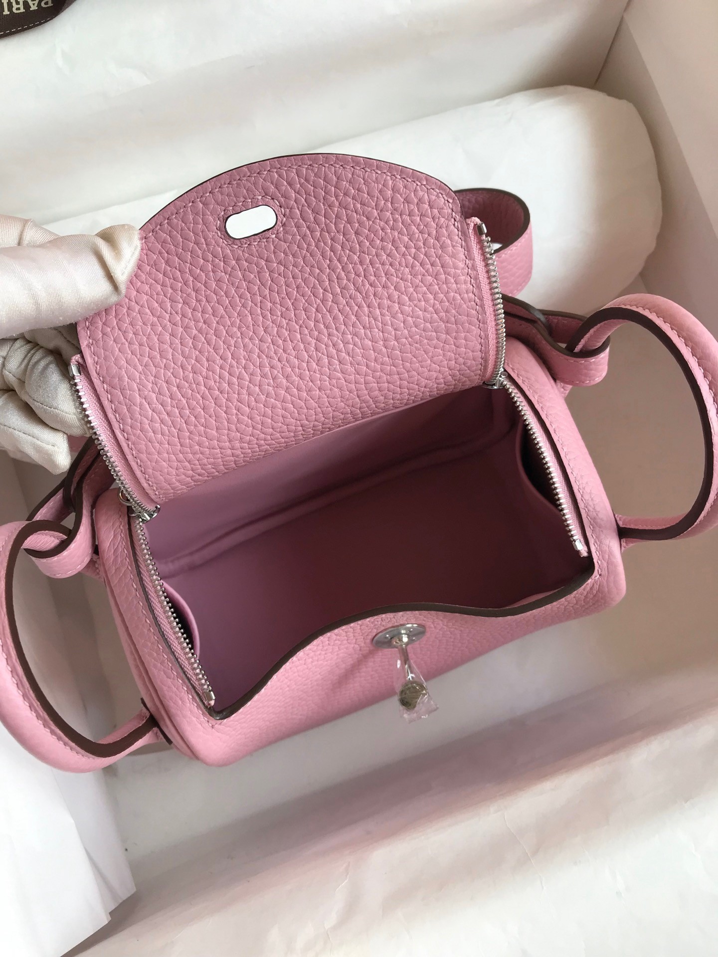 H**mes mini lindy handmade bag in pink clemence leather