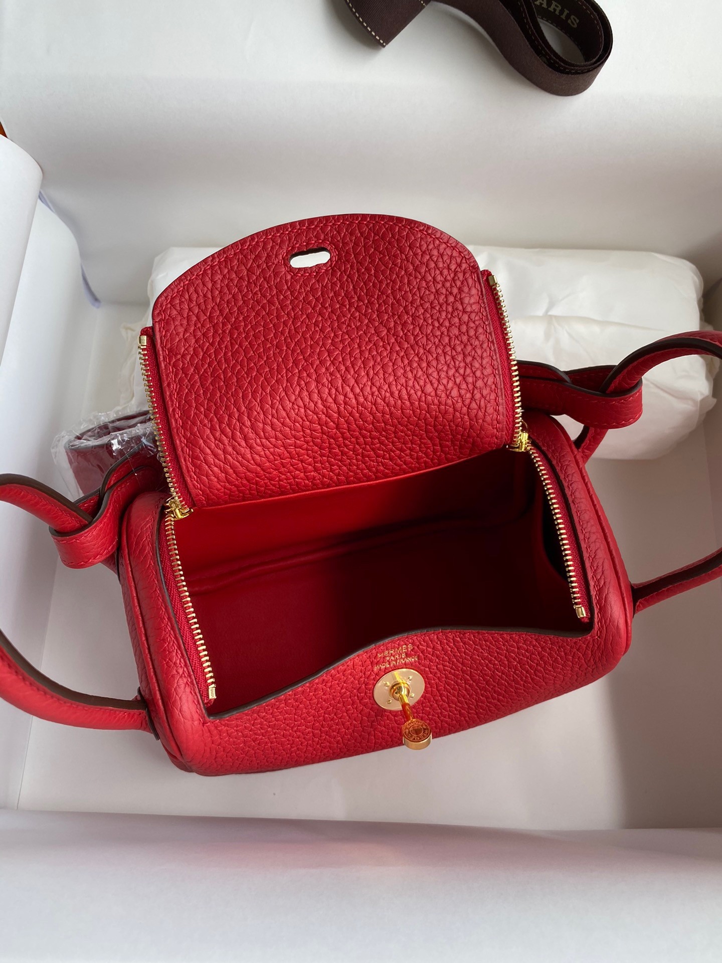 H**mes mini lindy handmade bag in red clemence leather