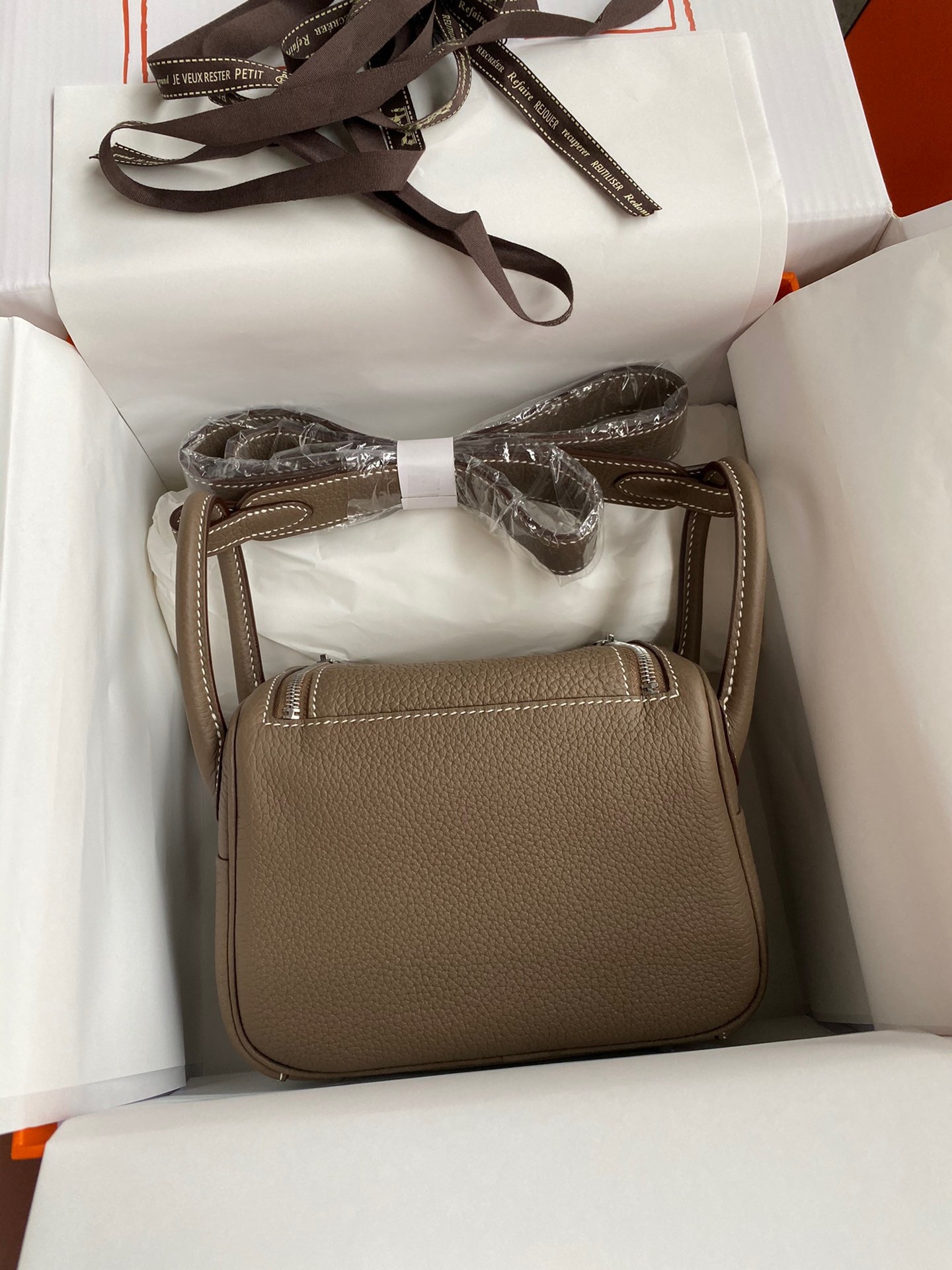 H**mes mini lindy handmade bag in taupe clemence leather