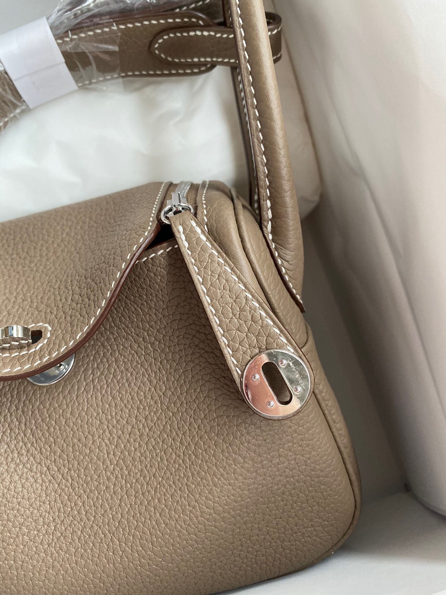 H**mes mini lindy handmade bag in taupe clemence leather
