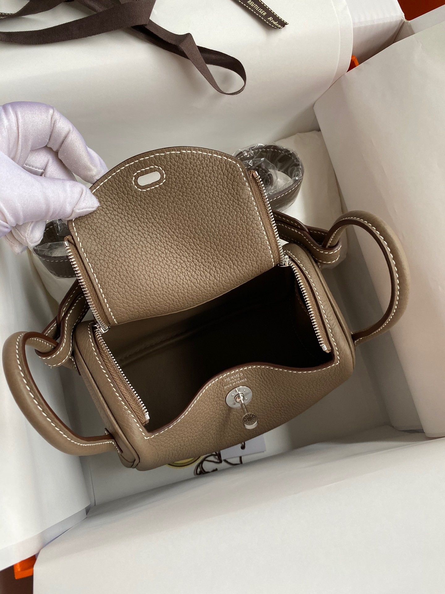 H**mes mini lindy handmade bag in taupe clemence leather