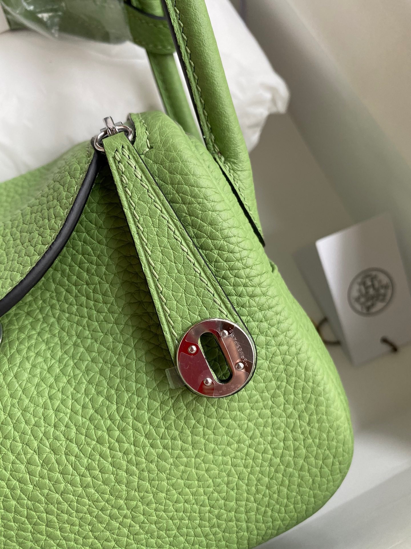 H**mes mini lindy handmade bag in vert cypres clemence leather