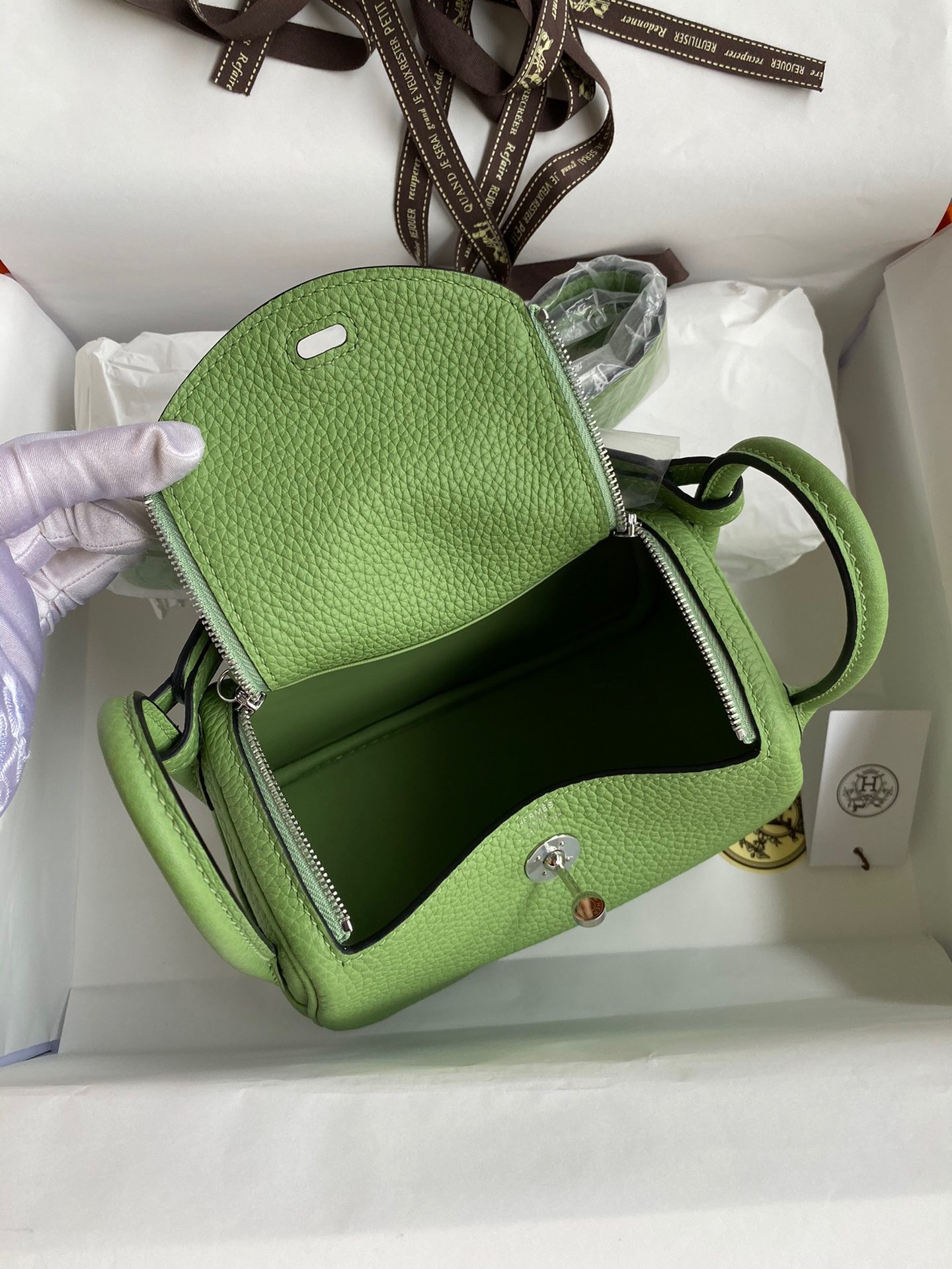 H**mes mini lindy handmade bag in vert cypres clemence leather