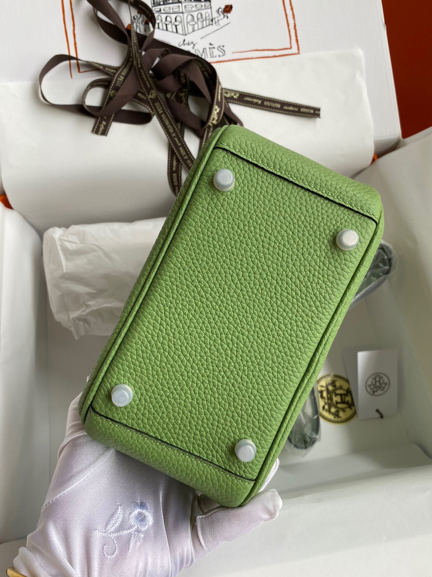 H**mes mini lindy handmade bag in vert cypres clemence leather
