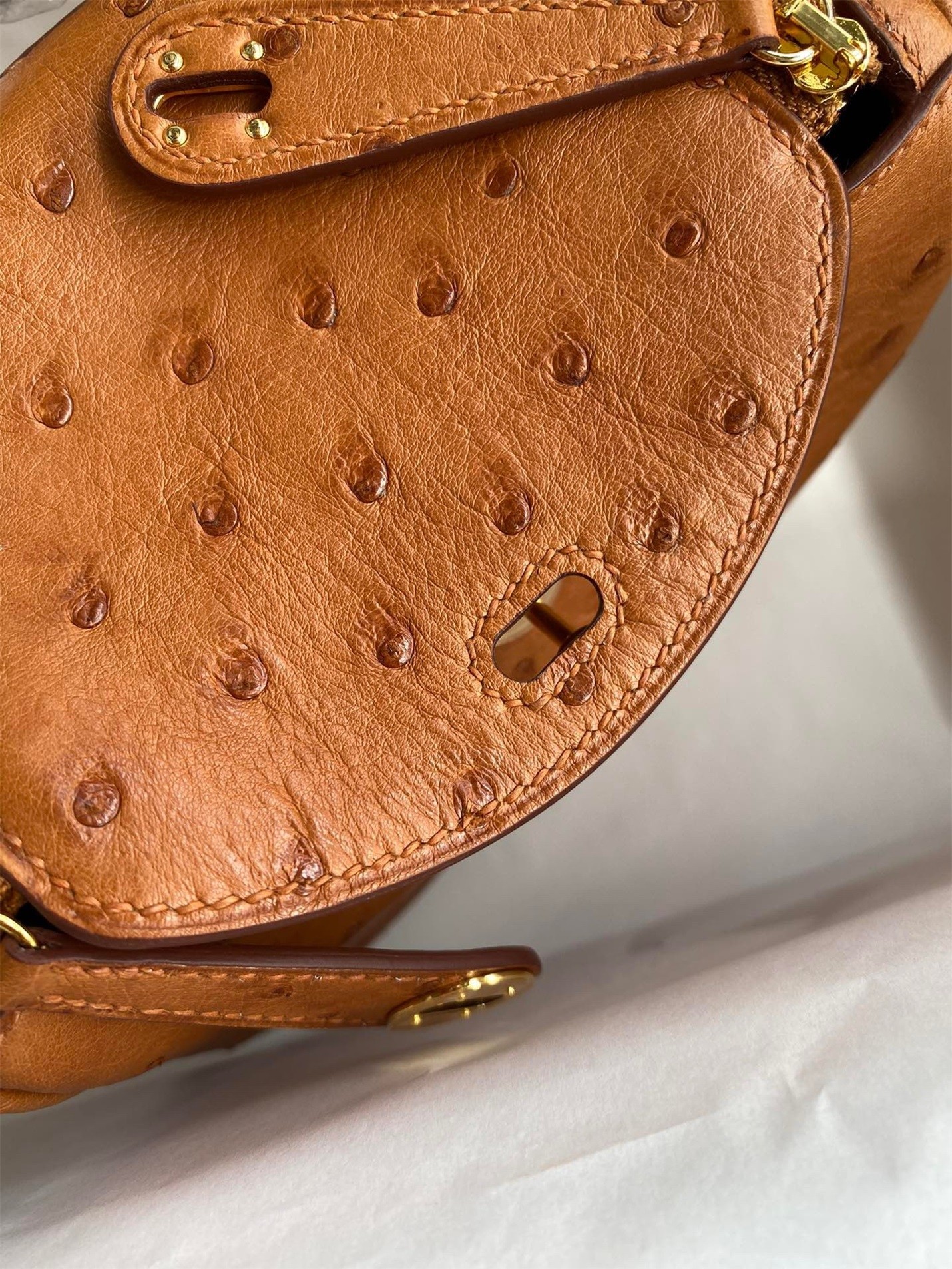 H**mes mini lindy handmade bag in gold ostrich leather