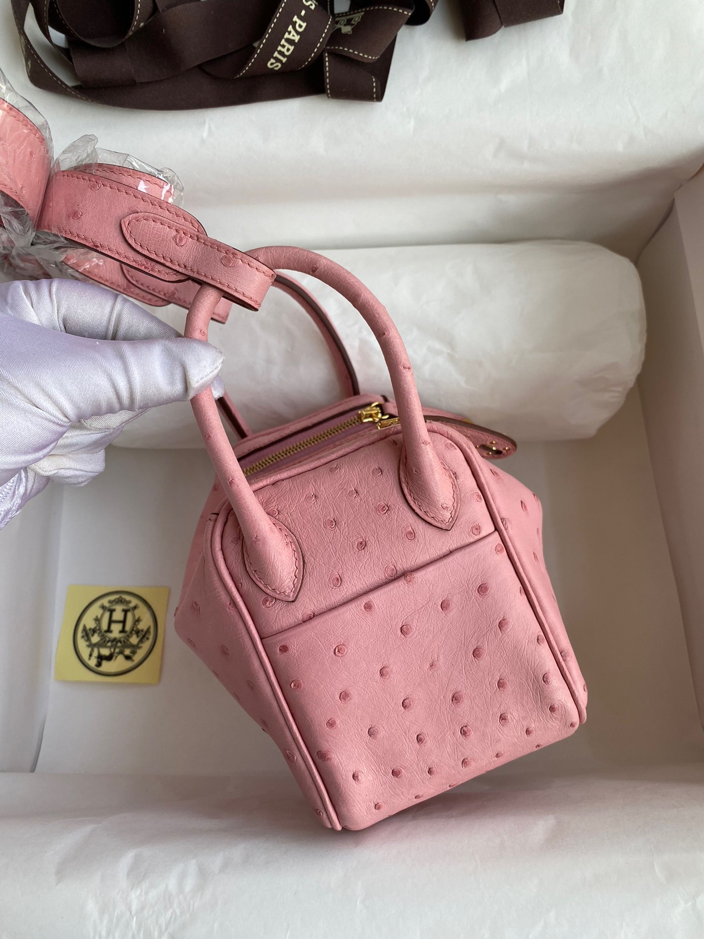 H**mes mini lindy handmade bag in rose sakura ostrich leather