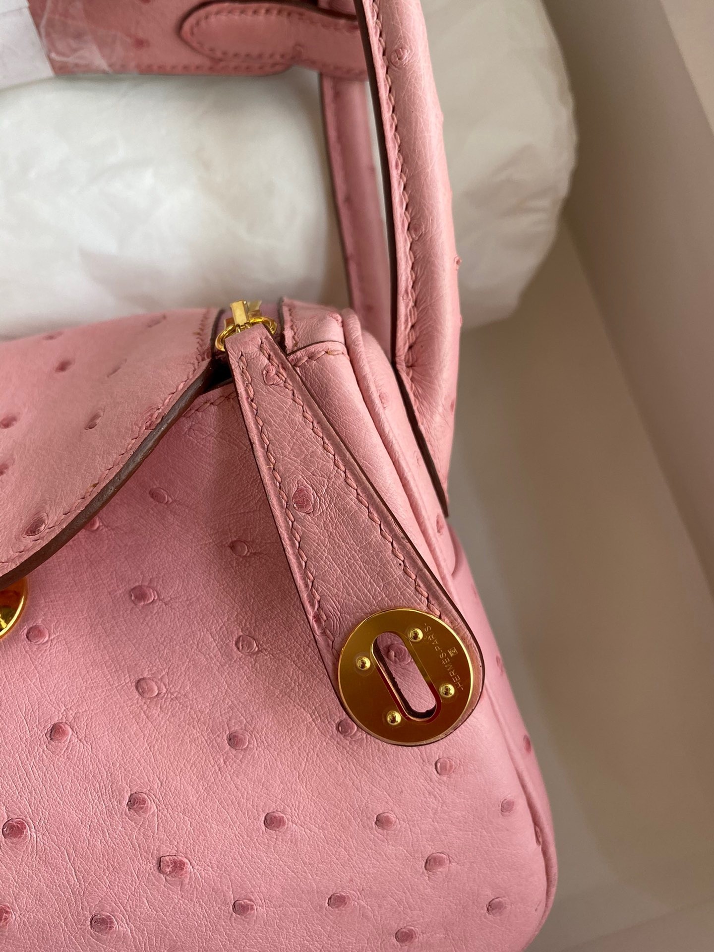 H**mes mini lindy handmade bag in rose sakura ostrich leather